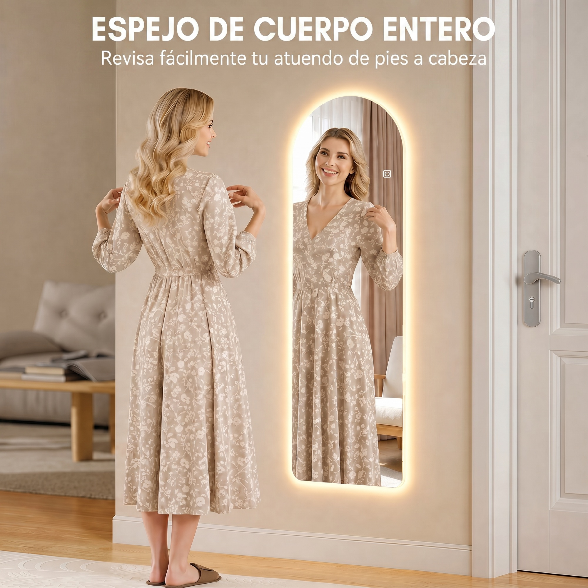 Una mujer rubia con vestido floreado se mira en un espejo de cuerpo entero iluminado.