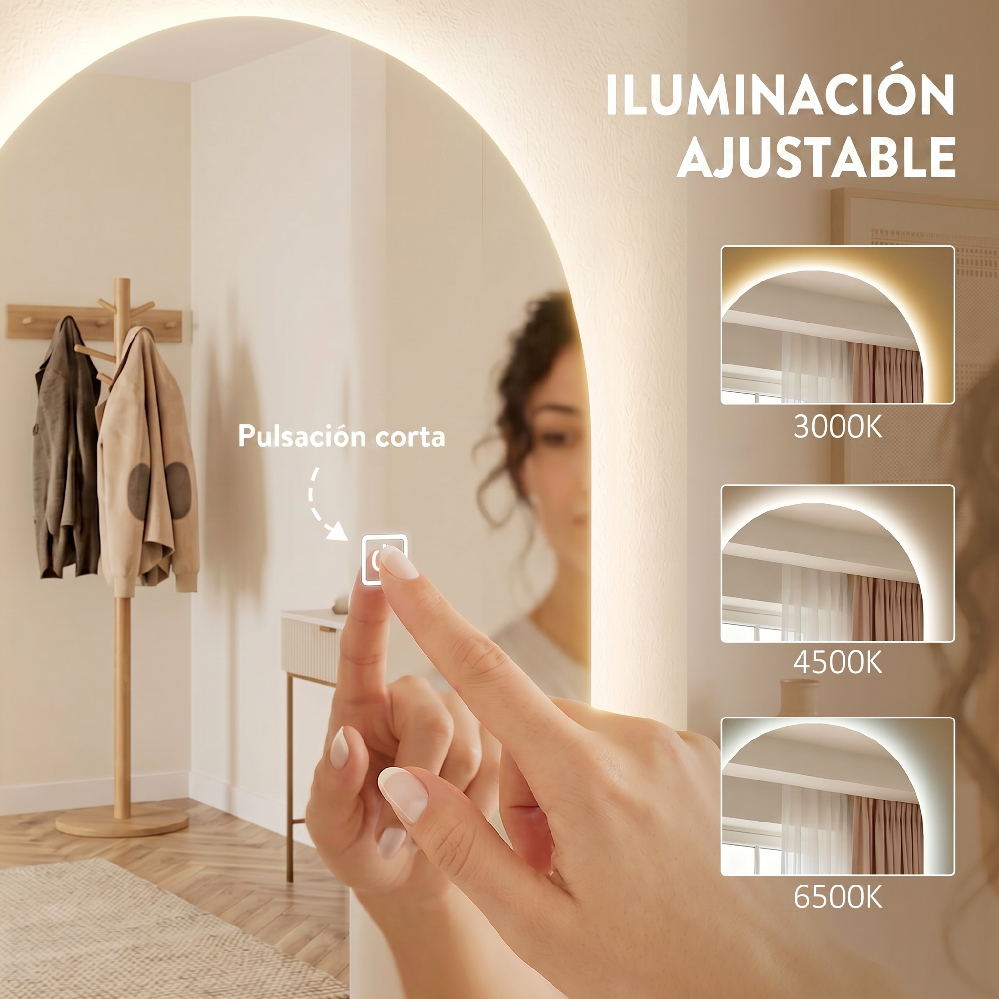 Mano tocando interruptor táctil en espejo de pared arqueado iluminado con temperatura de color ajustable.