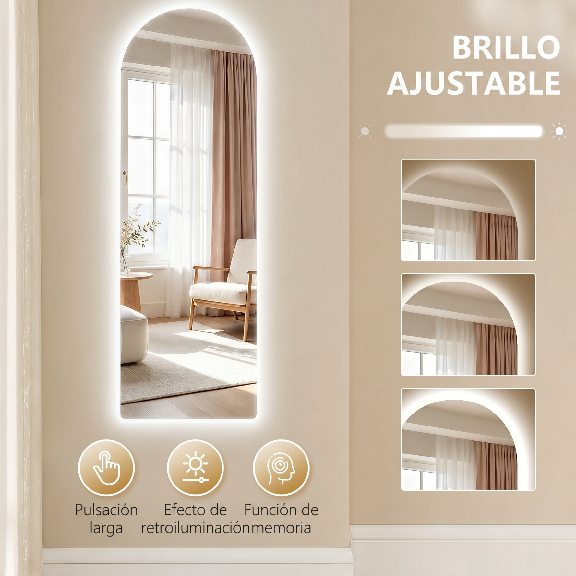 Espejo LED arqueado en pared beige, mostrando niveles de brillo ajustables e iconos de control.