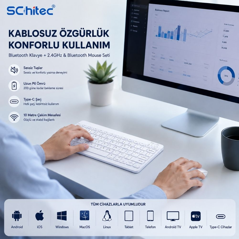 Bir kişi, arka planda bilgisayar monitörü olan beyaz kablosuz klavye ve fare seti kullanıyor.