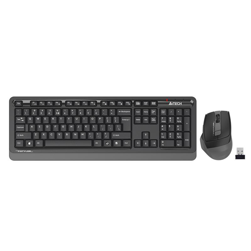 Beyaz arka planda USB alıcılı siyah bir A4TECH Fstyler kablosuz klavye ve fare seti.