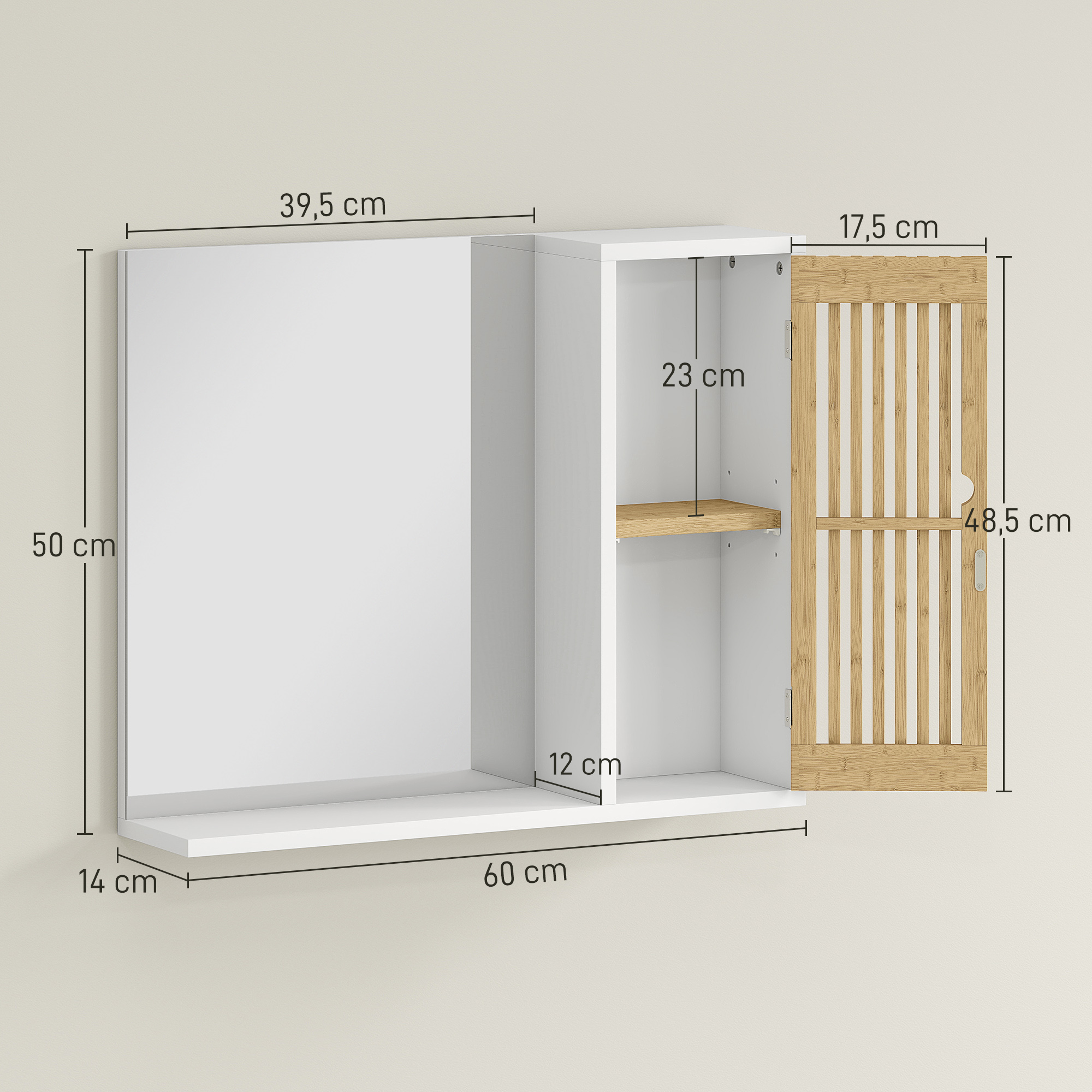 Armario de pared con espejo y puerta de listones, acabado blanco y madera, con dimensiones.