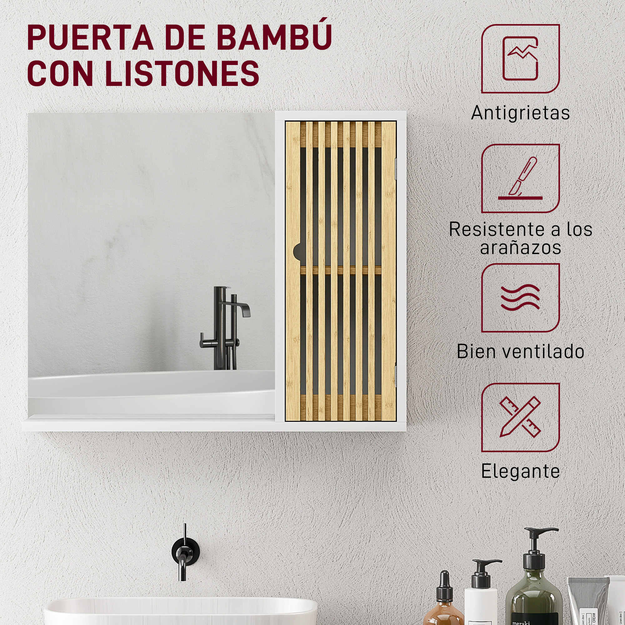 Espejo de baño con marco blanco, puerta de listones de bambú y cuatro iconos rojos de ventajas a la derecha.
