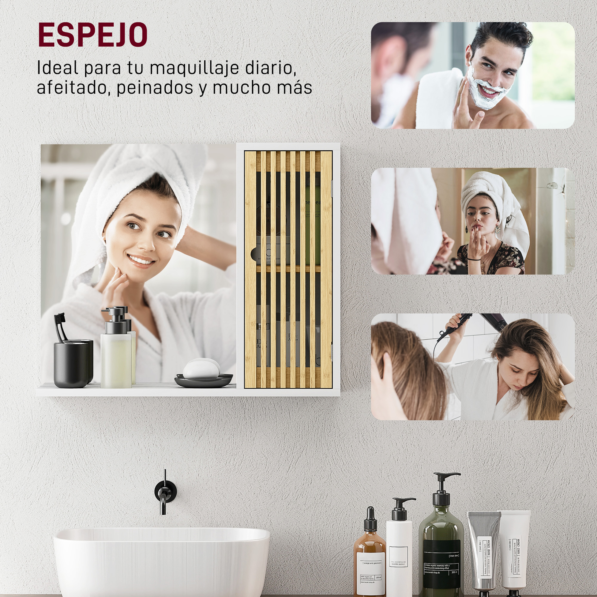 Espejo de baño con estante, lavabo y artículos de aseo debajo.