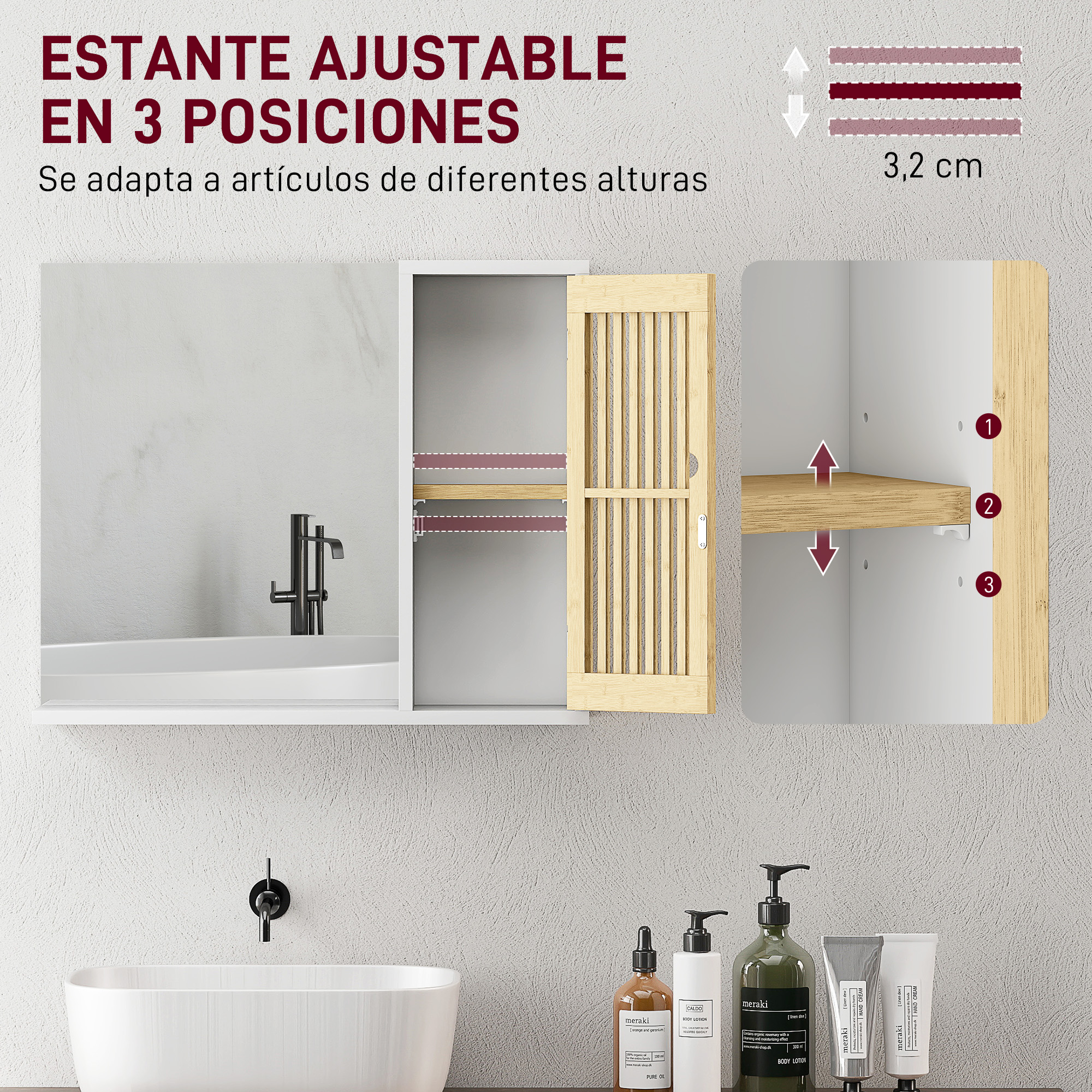 Armario de baño con espejo y estante de madera ajustable en tres posiciones.