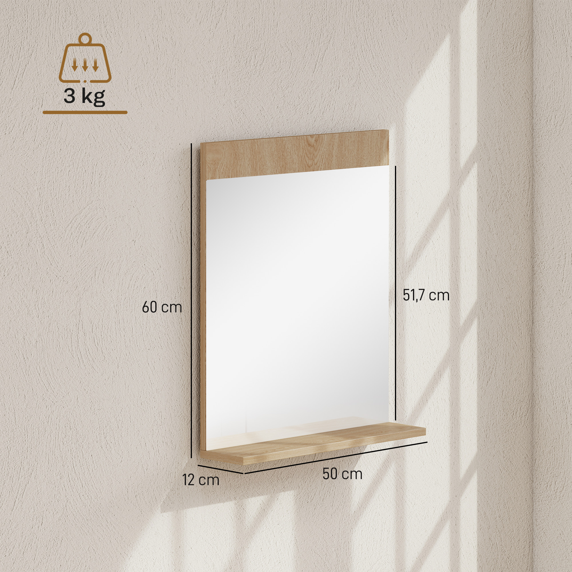 Espejo de pared con marco de madera y repisa, 60 cm de alto, 50 cm de ancho, límite de 3 kg.