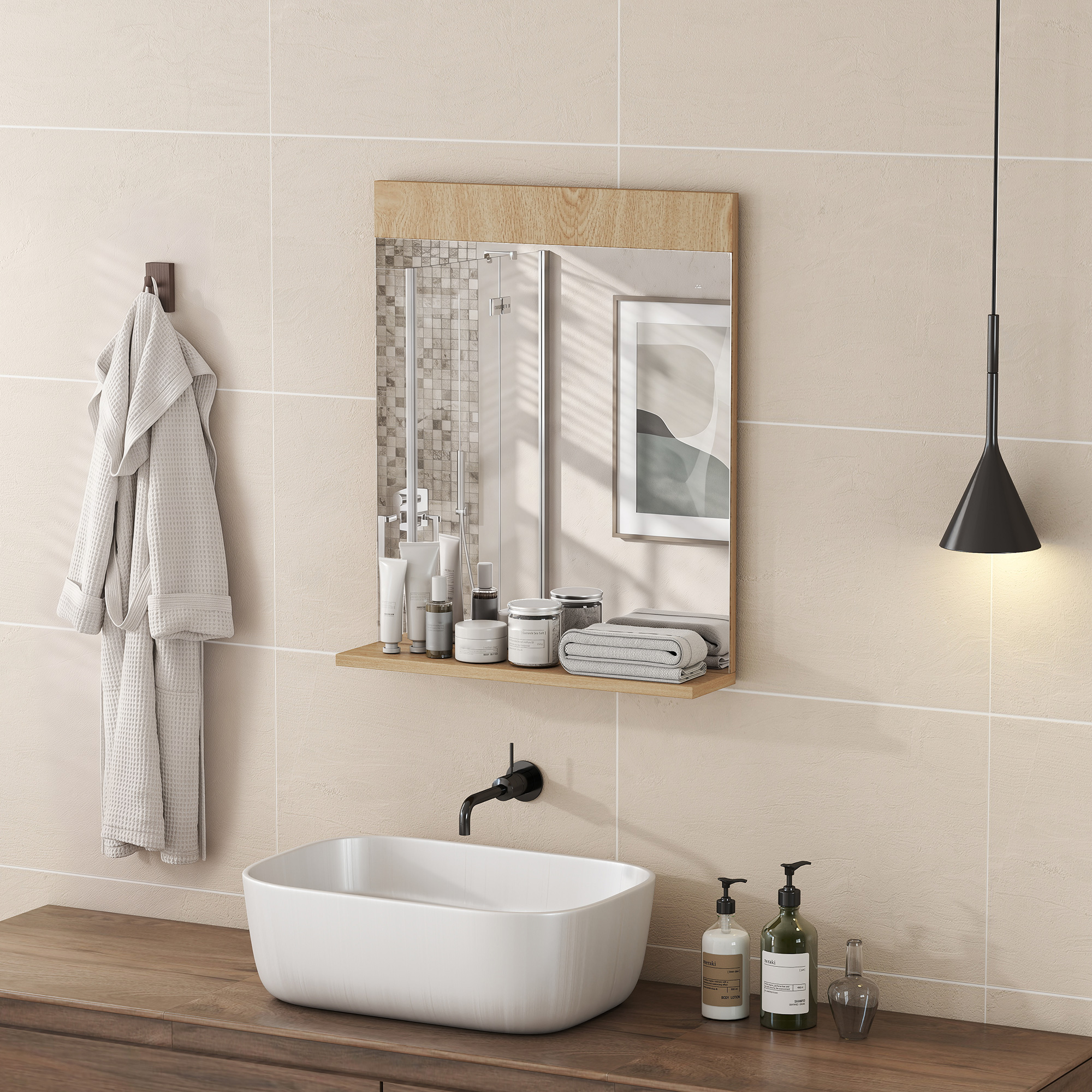 Baño moderno con azulejos beiges, lavabo blanco sobre encimera de madera, espejo con artículos de aseo y albornoz.