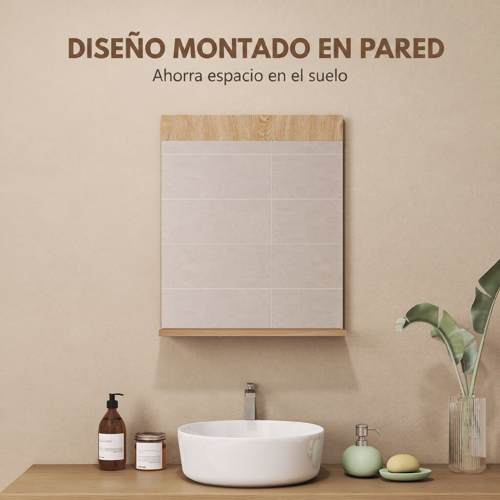 Lavabo montado en pared con espejo, dispensador de jabón y planta en baño.