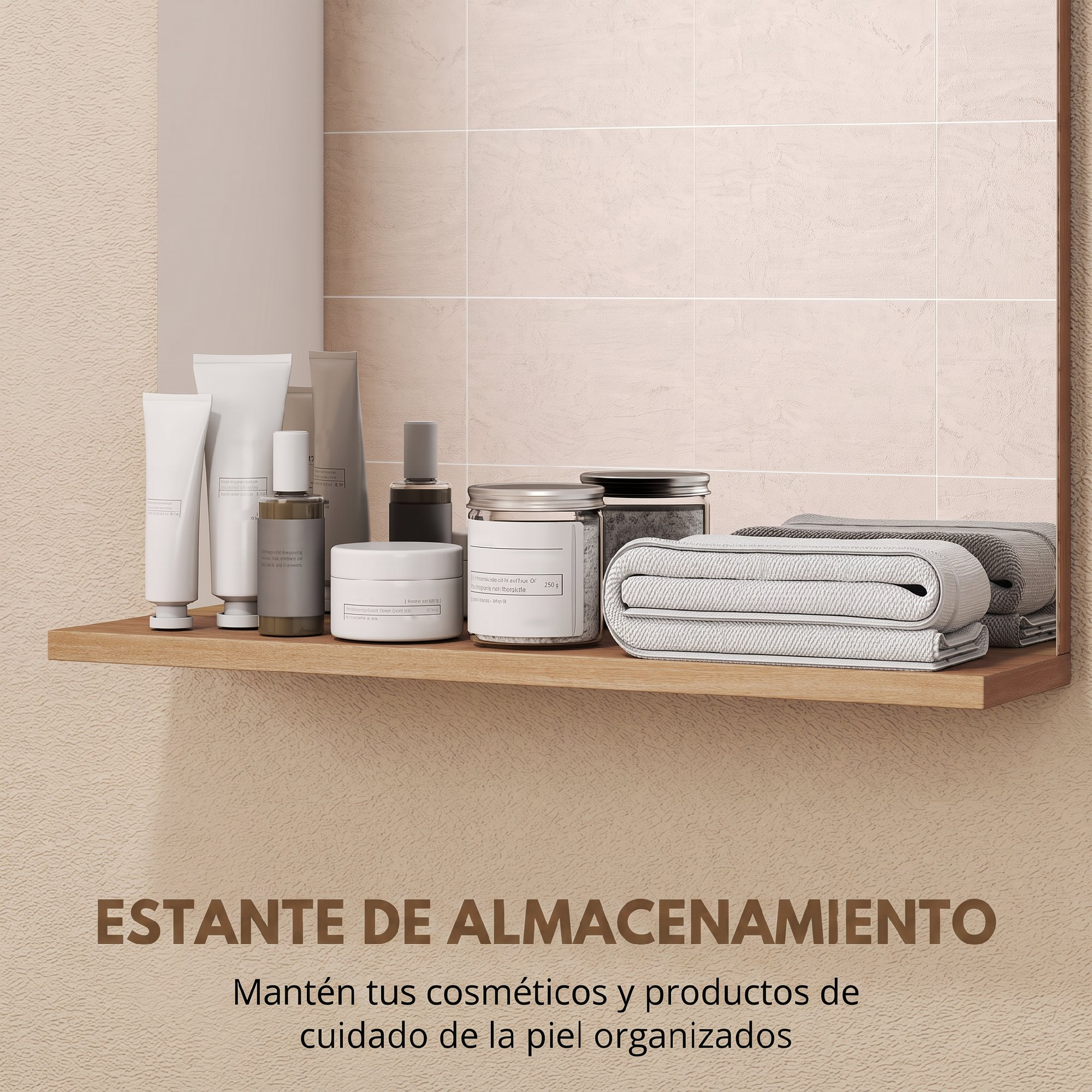 Un estante de madera en una pared beige sostiene botellas de cosméticos, frascos y toallas dobladas frente a un espejo.