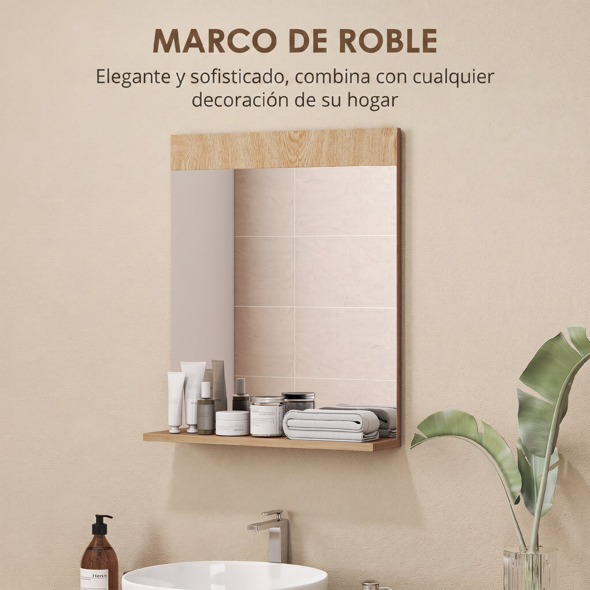 Espejo de pared con marco de madera sobre un lavabo con artículos de aseo y una toalla en el estante.