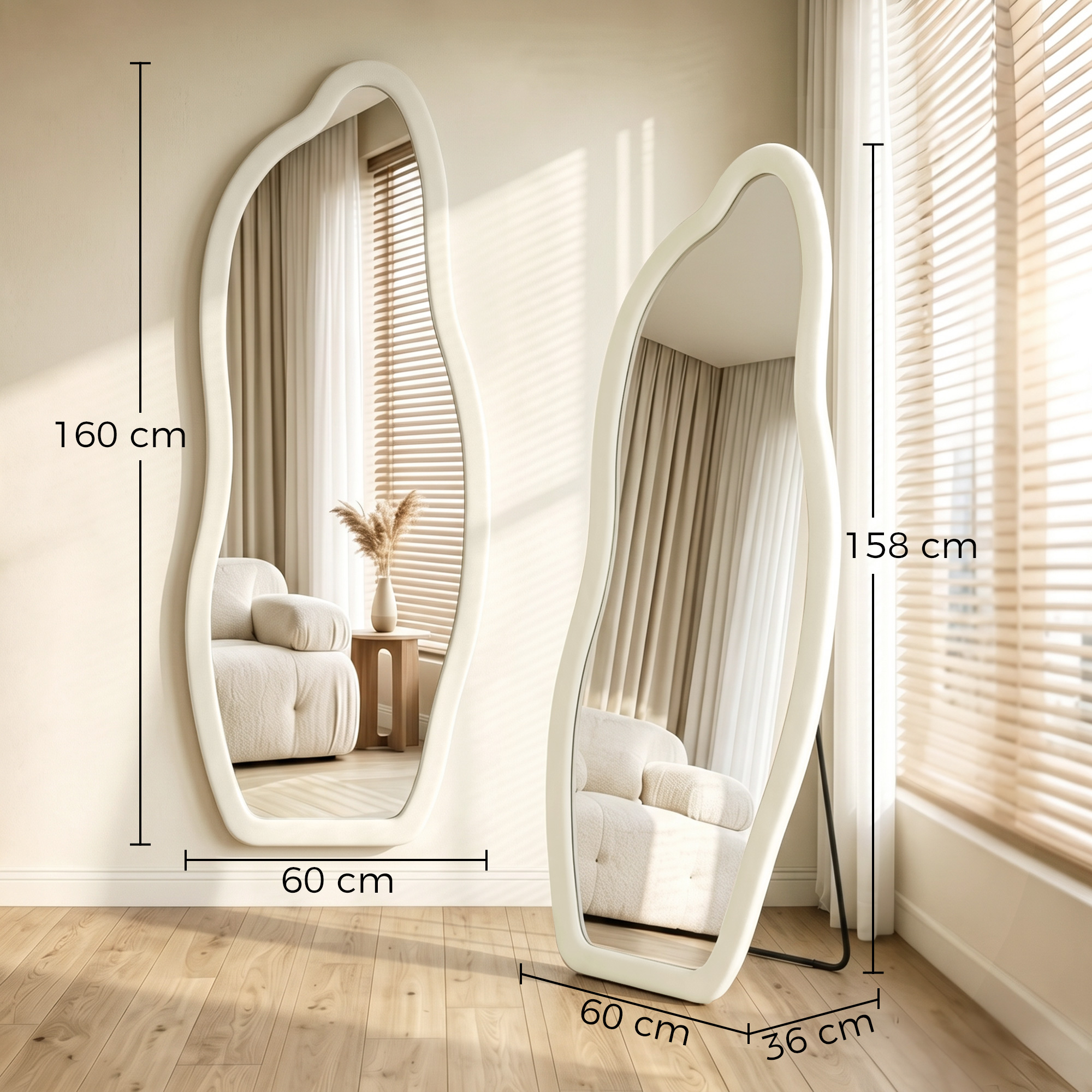 Dos espejos de pie asimétricos con marco blanco y dimensiones en una habitación luminosa y soleada con suelo de madera.