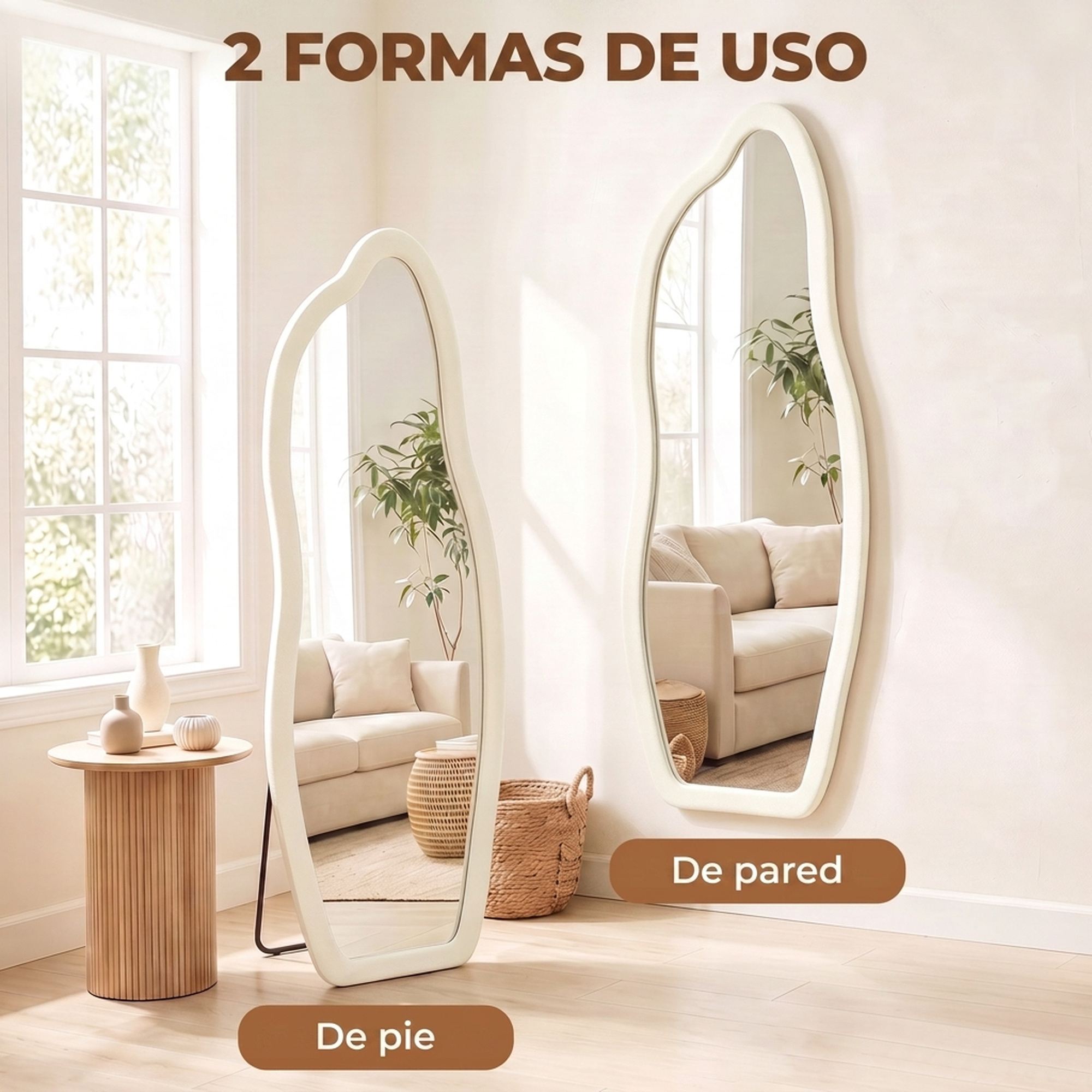Dos espejos blancos de forma irregular, uno de pie en el suelo y otro colgado en la pared.