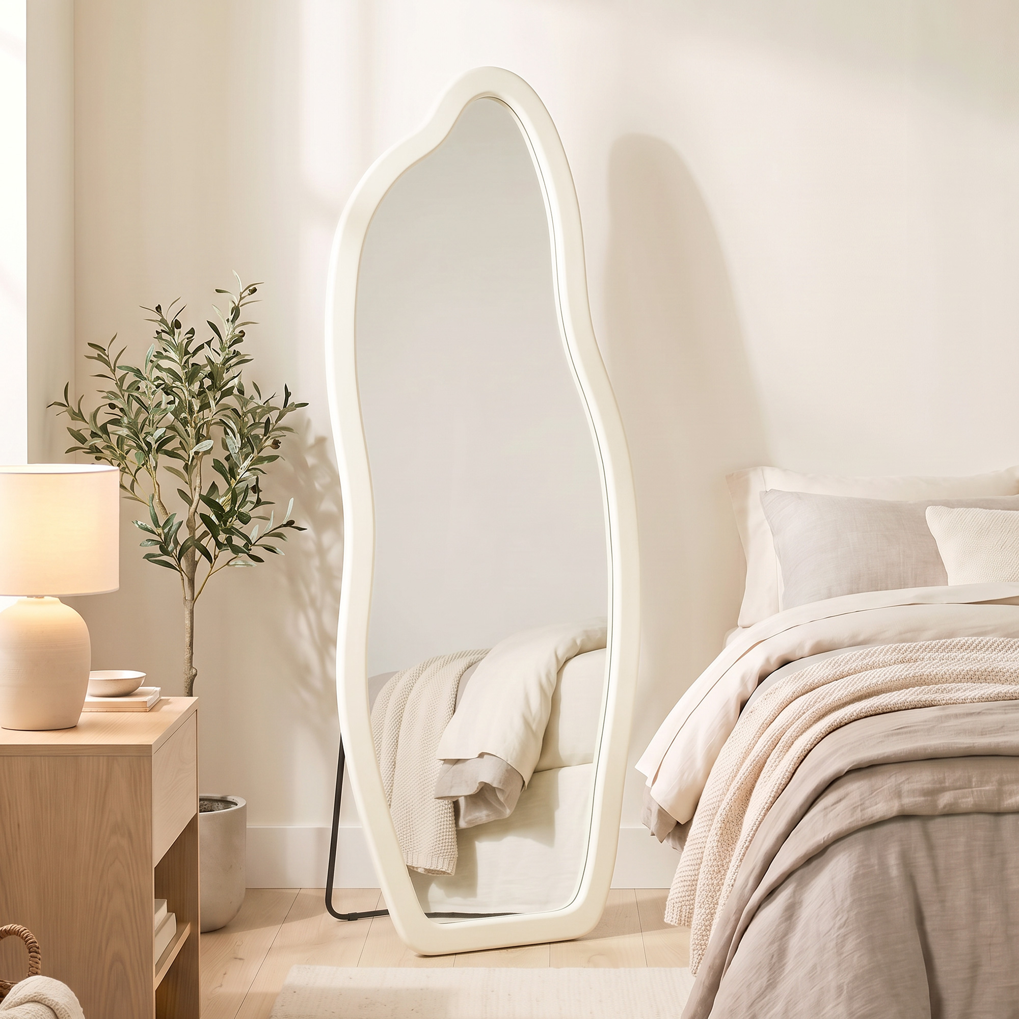Un espejo de suelo asimétrico blanco en un dormitorio luminoso junto a una cama, planta y mesita de noche.