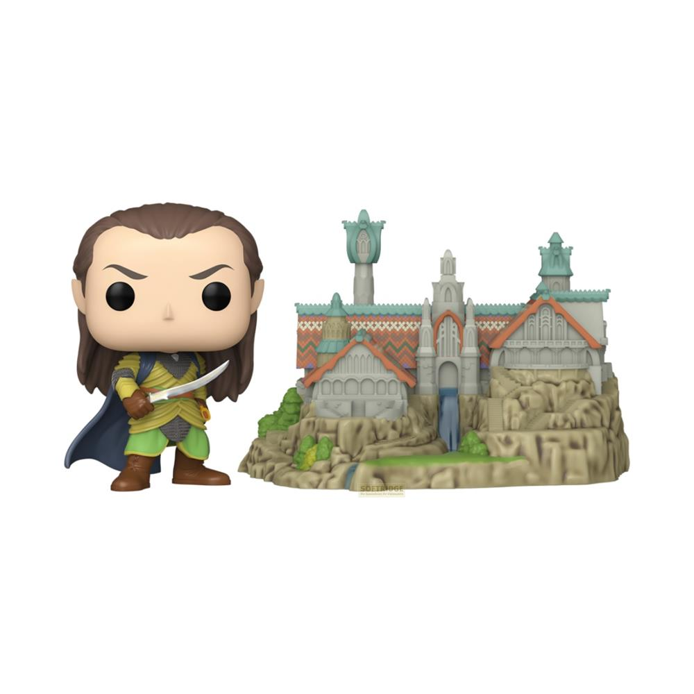 Figura Funko Pop de Elrond con una espada pequeña, junto a un escenario detallado del castillo de Rivendel.
