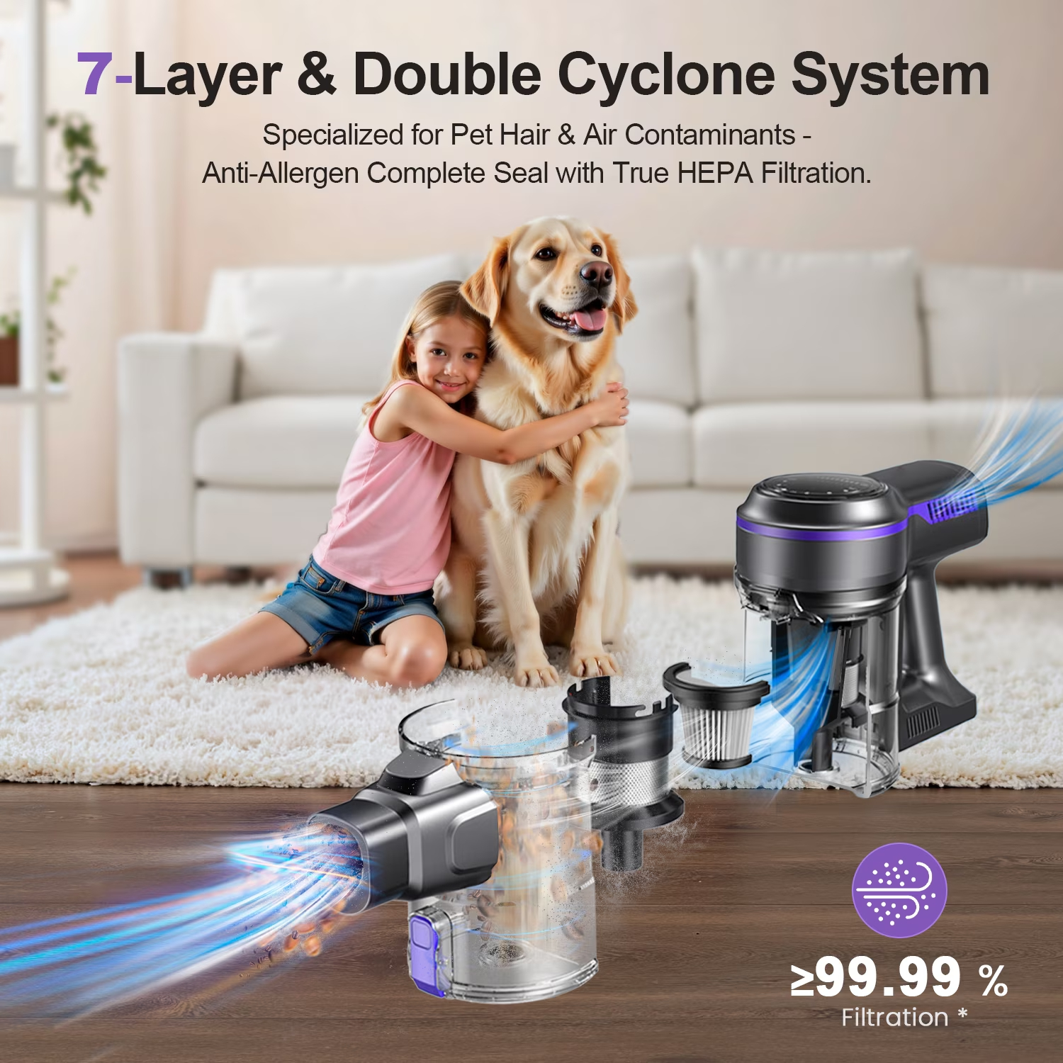 Ein Mädchen umarmt einen Hund auf einem Teppich vor einem Staubsauger mit Zyklonfiltersystem.