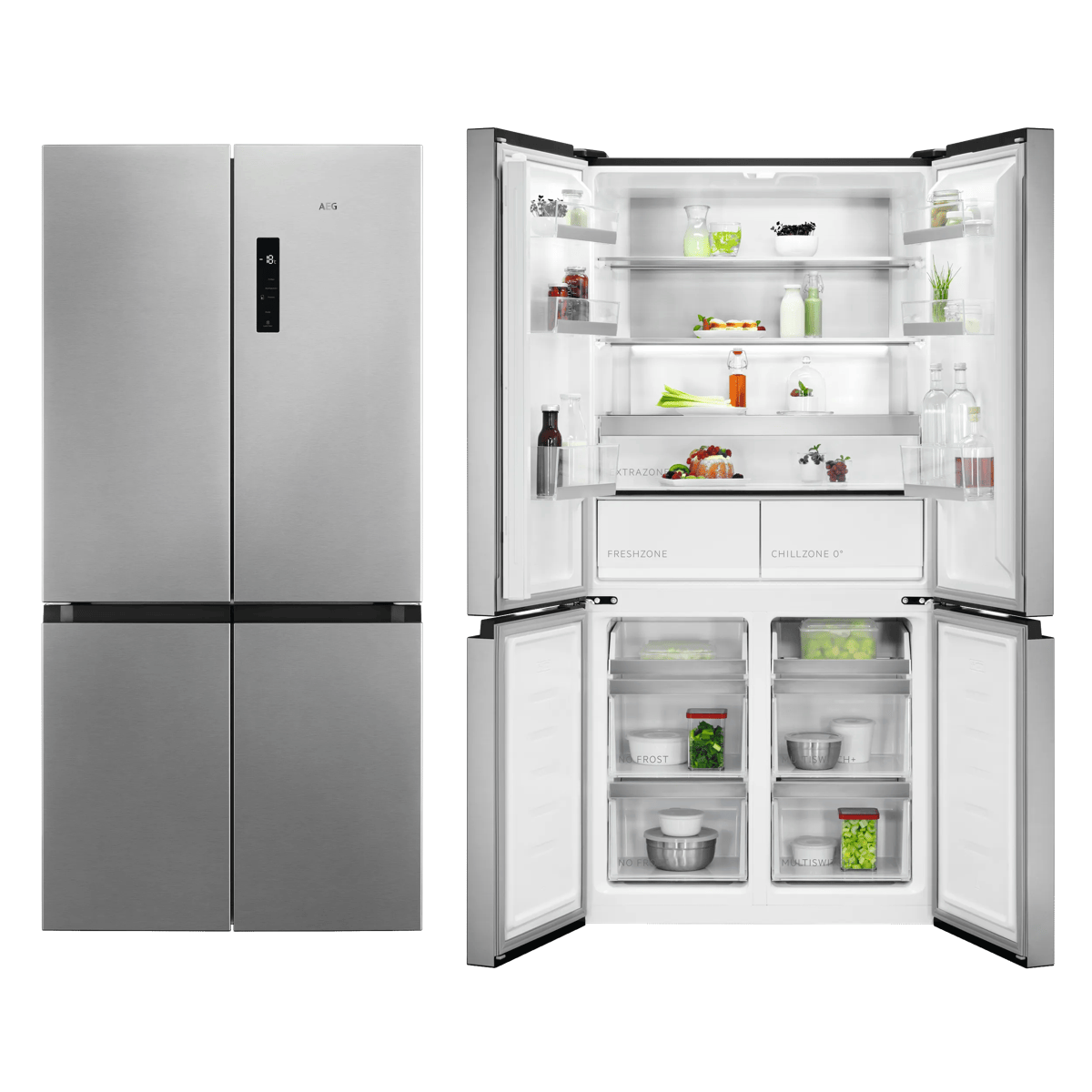 Frigorífico plateado AEG de cuatro puertas, mostrado cerrado y abierto con alimentos organizados.