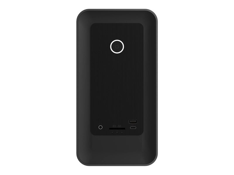 Vista frontale di un case per computer nero con pulsante di accensione circolare e porte USB.
