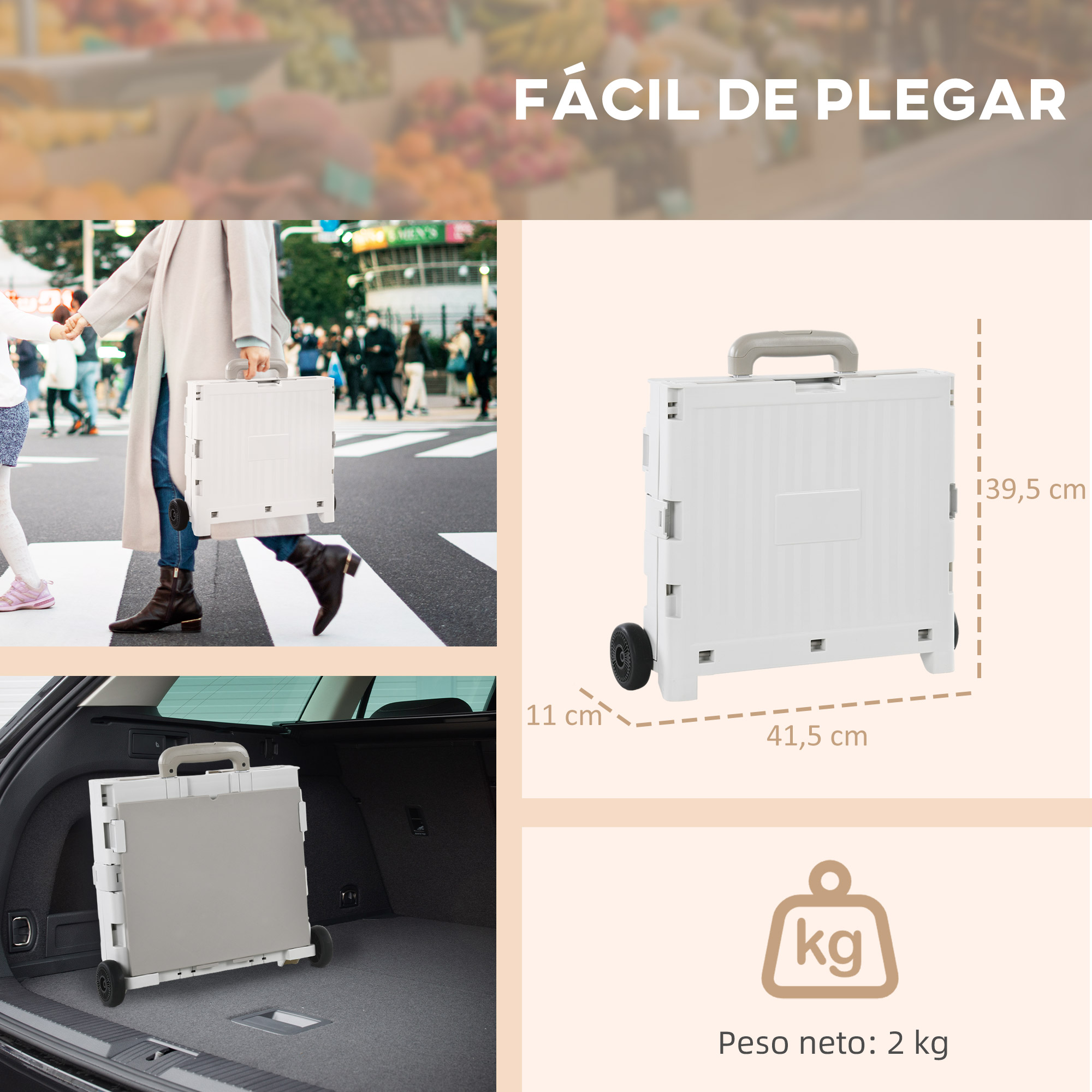 Un carrito de compras plegable blanco con dimensiones, en uso, en un maletero y con su peso neto.