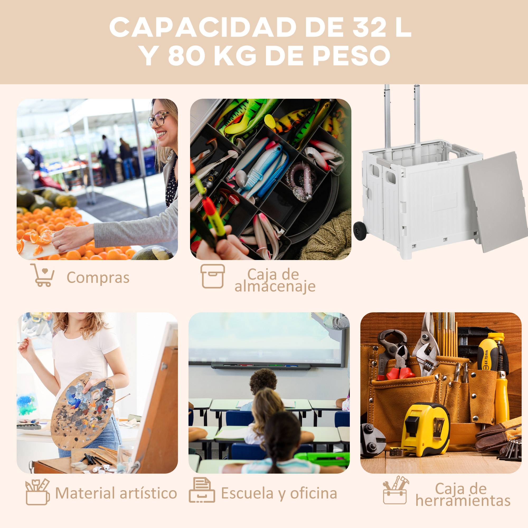 Un carro utilitario blanco con ruedas y tapa, mostrado con ejemplos para compras, pesca, arte, escuela y herramientas.