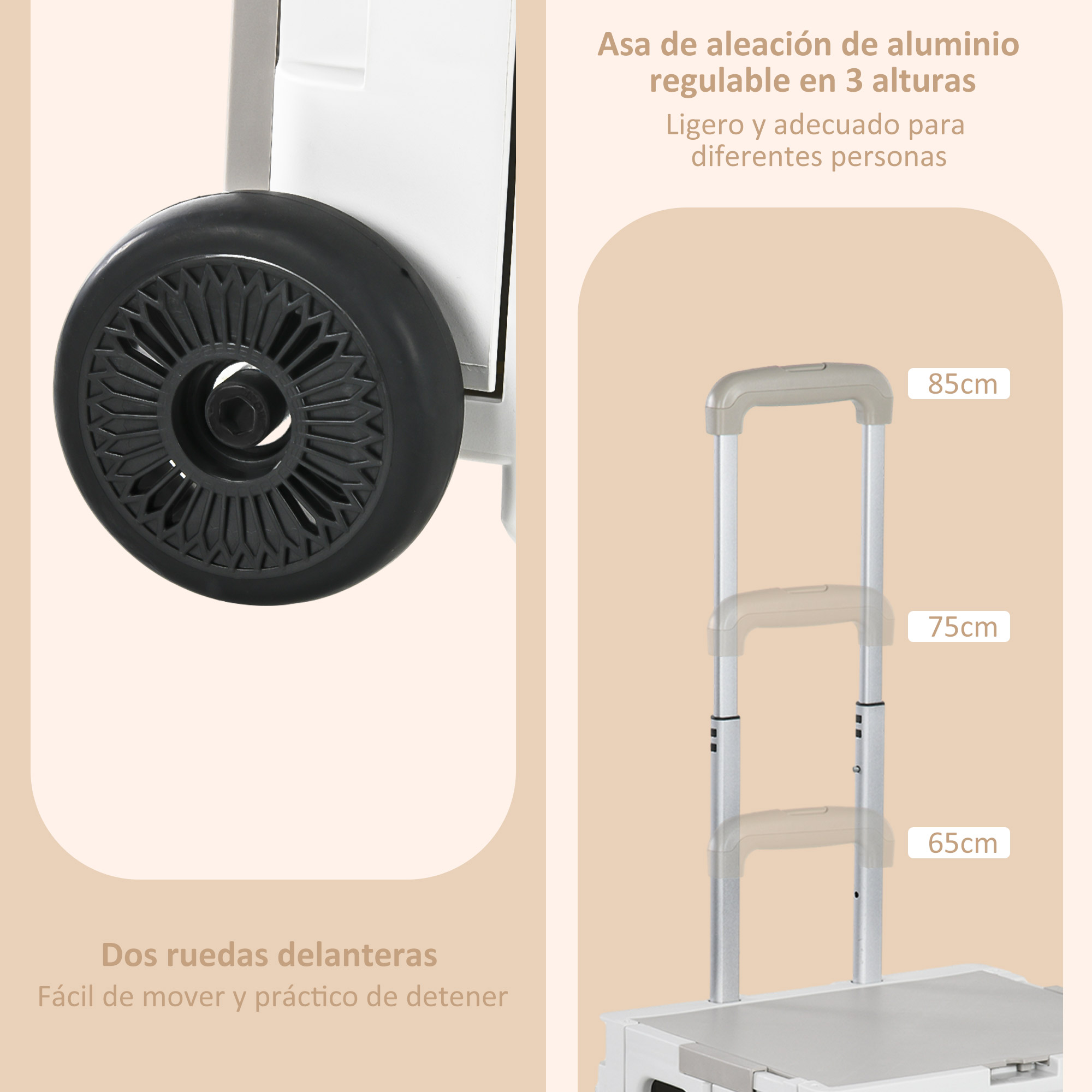 Detalles de ruedas y asa telescópica ajustable en 3 alturas de una caja.