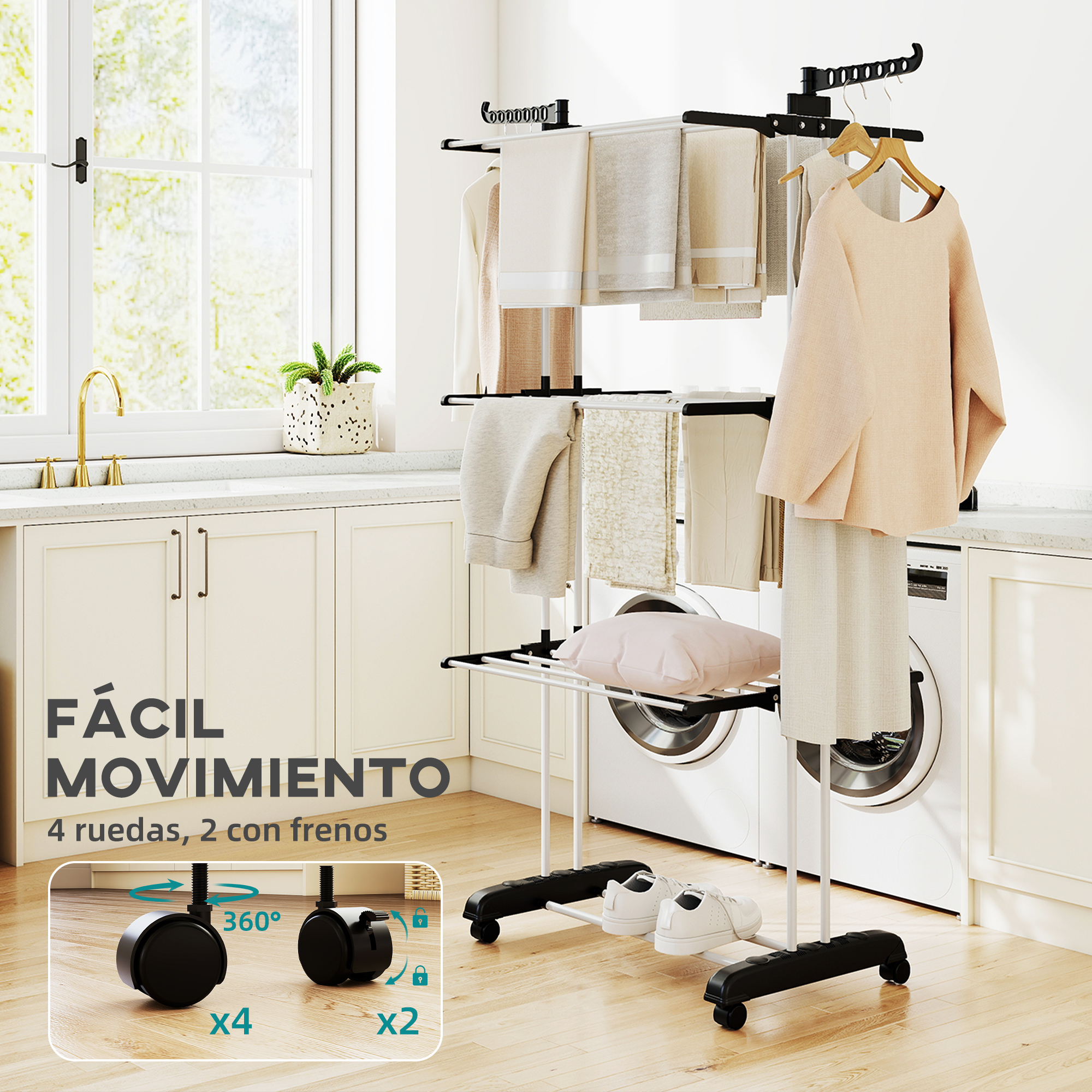 Un tendedero de ropa de varios niveles con prendas y toallas colgadas en un lavadero luminoso con lavadora.