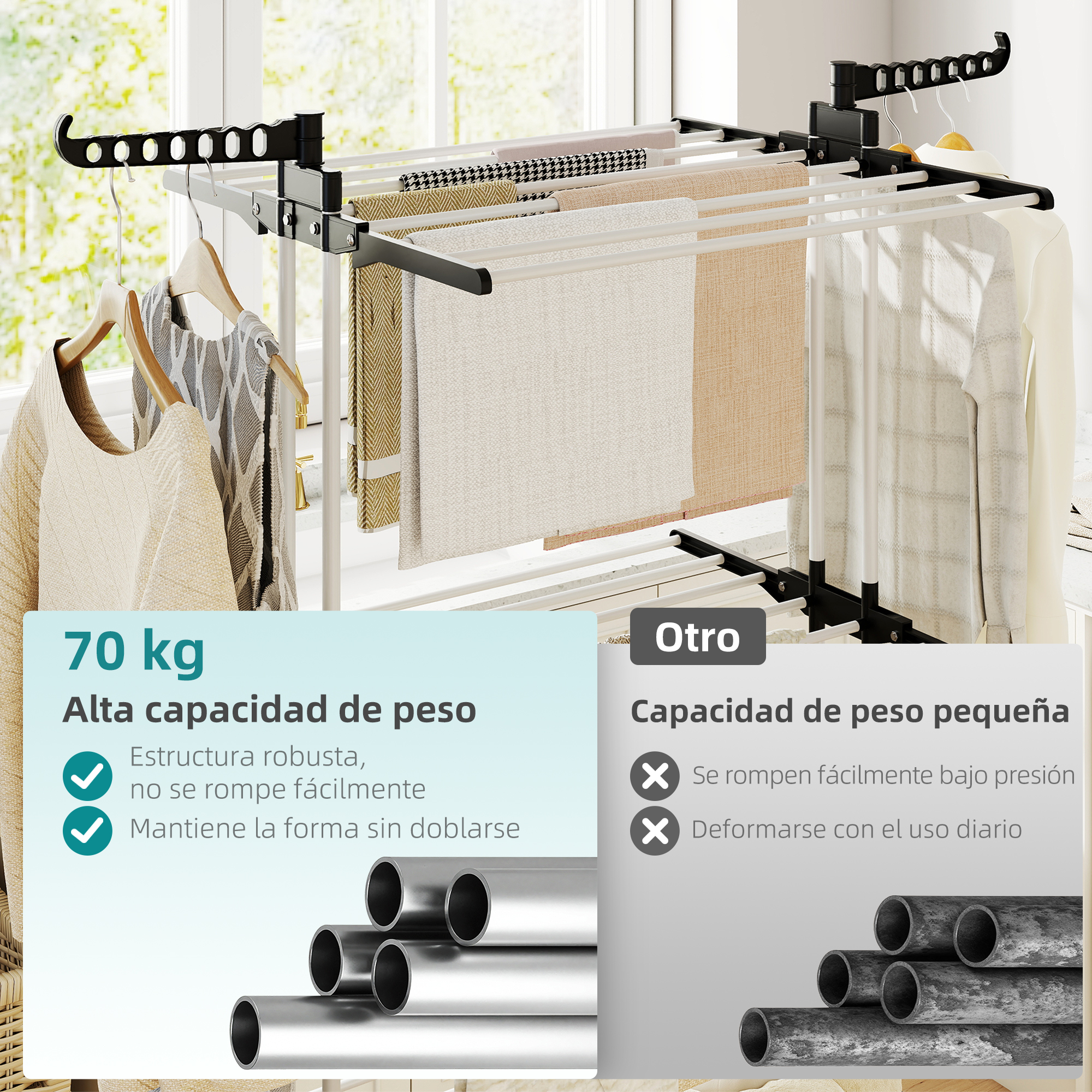 Tendedero de ropa negro y blanco resistente con ropa y toallas, y comparación de capacidad de peso.