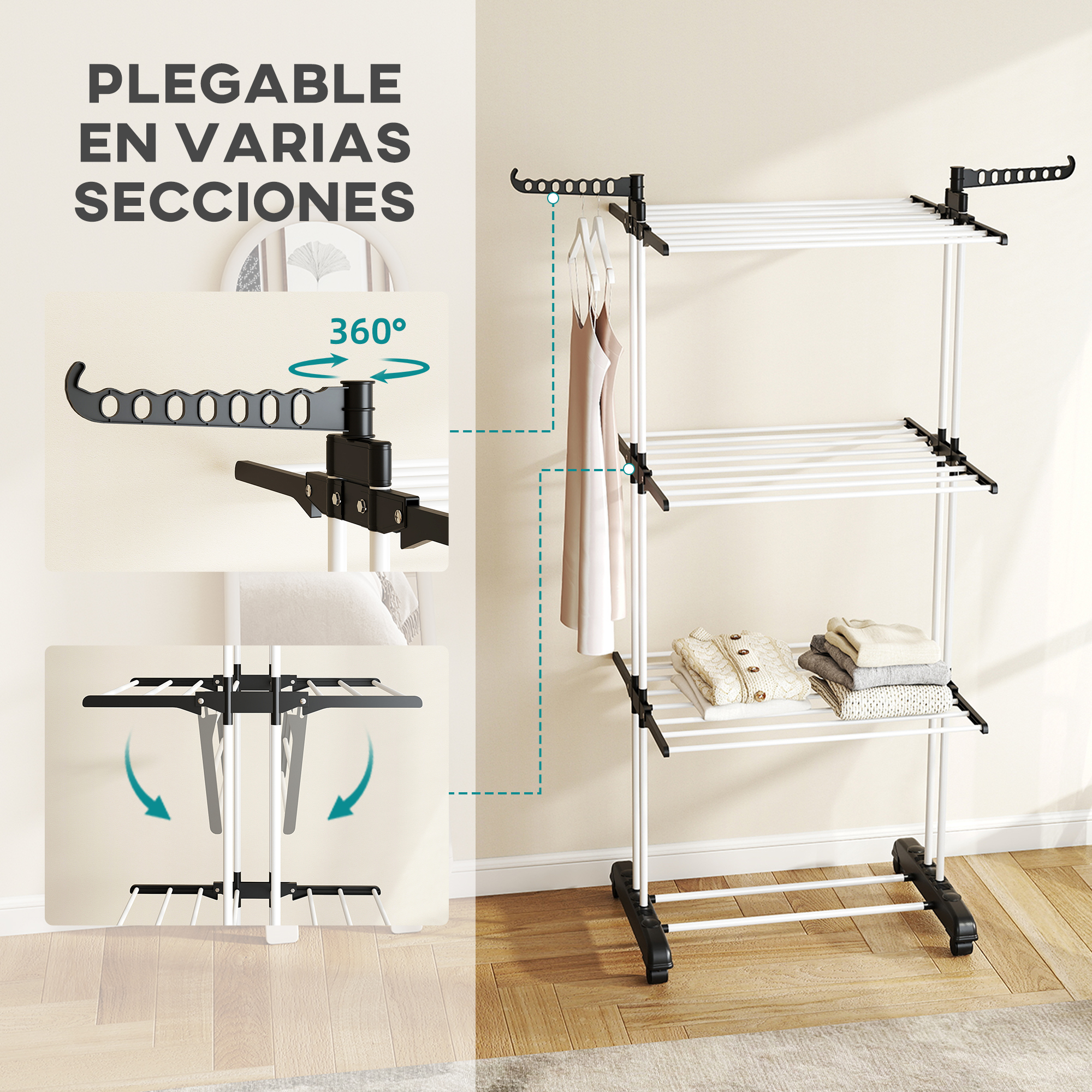 Tendedero blanco de varios niveles con ropa, mostrando ganchos de 360 grados y función plegable.
