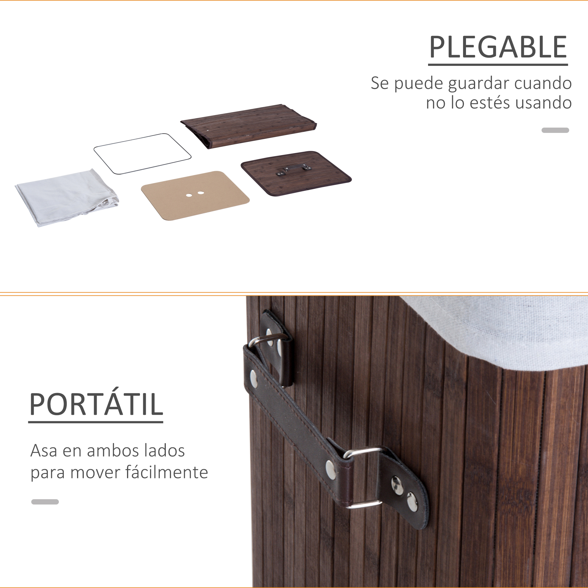 Partes desmontadas de una cesta plegable y un asa lateral de madera resistente.