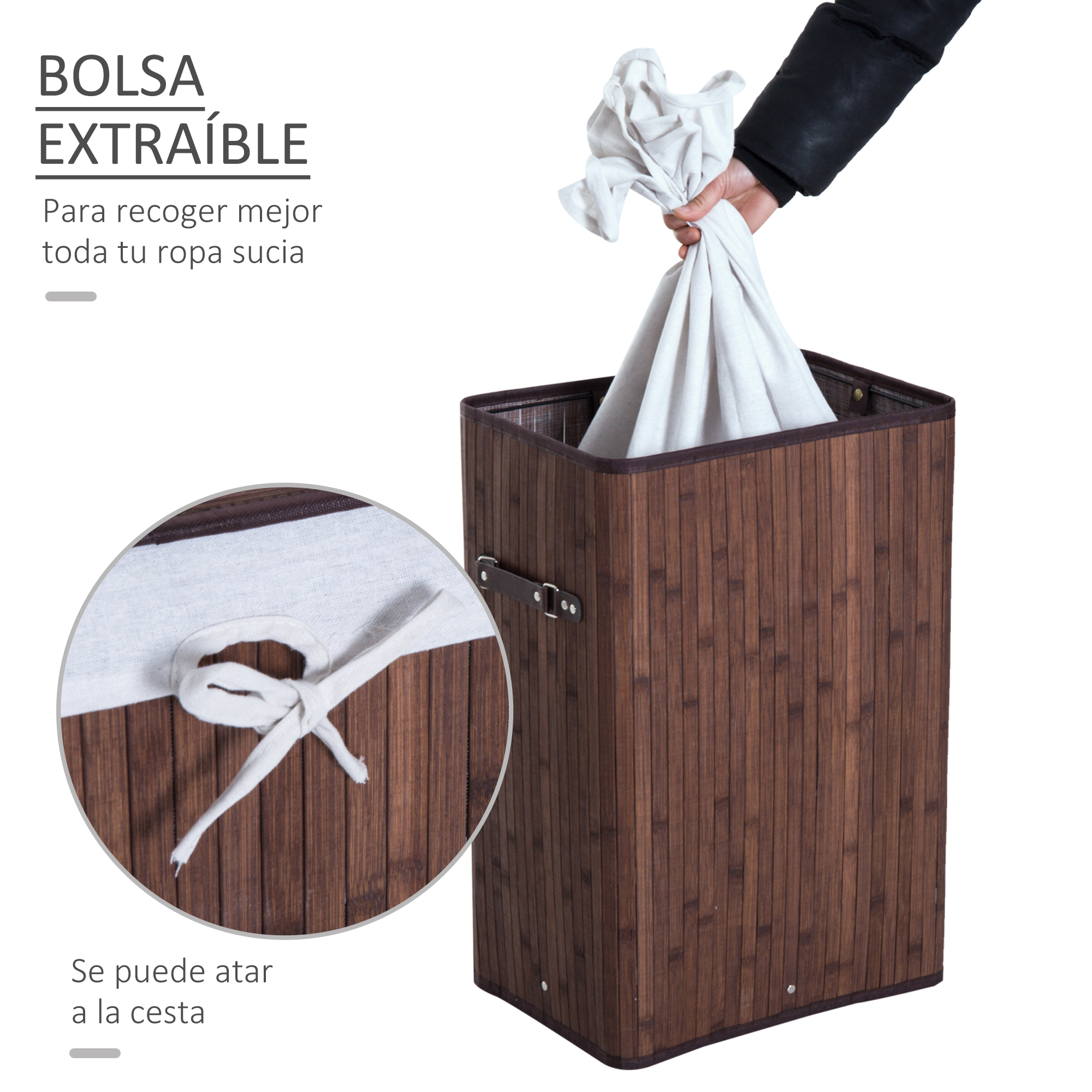Una mano saca una bolsa de ropa blanca de un cesto de bambú marrón.