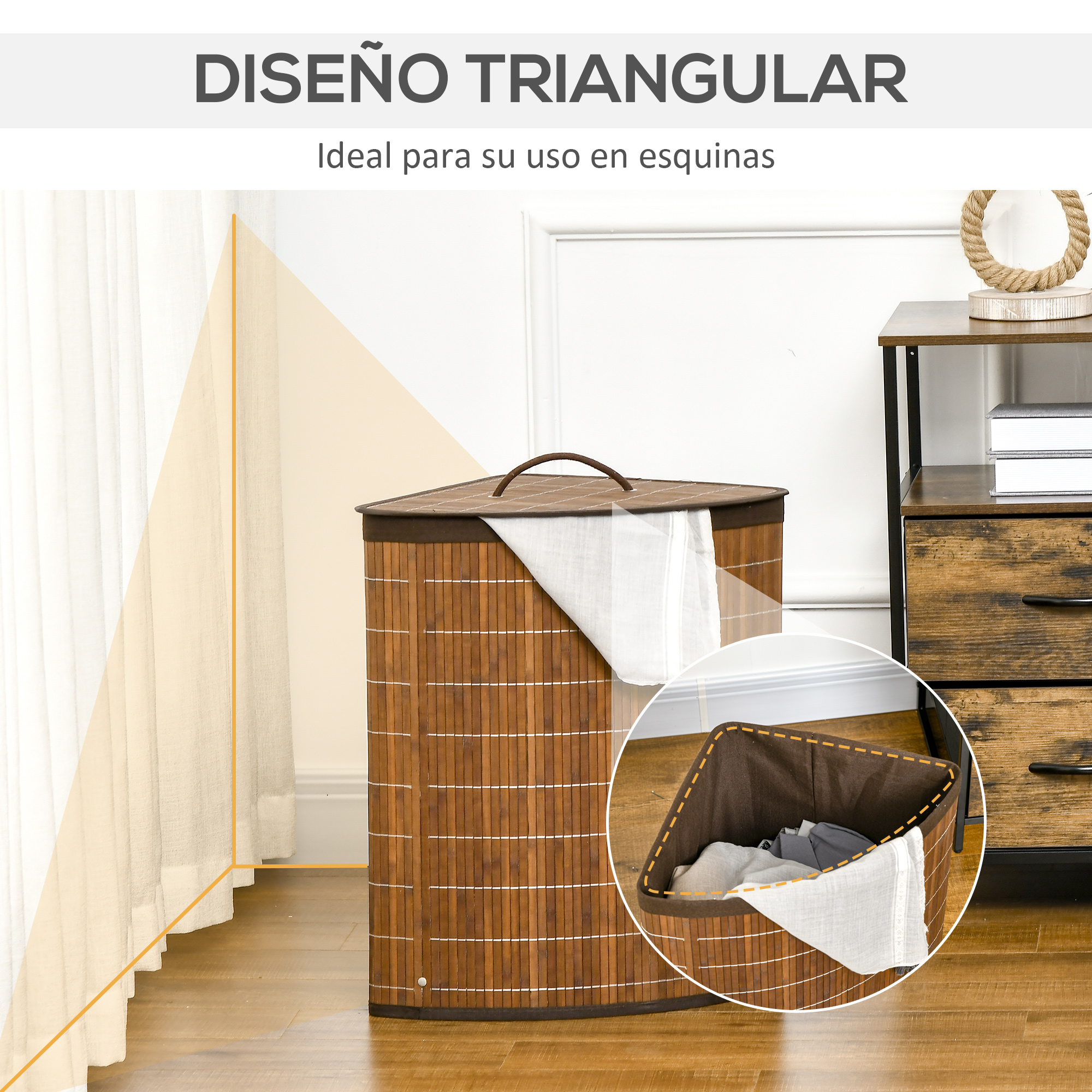 Cesto de ropa de bambú marrón triangular en la esquina de una habitación, con detalle del cesto abierto.