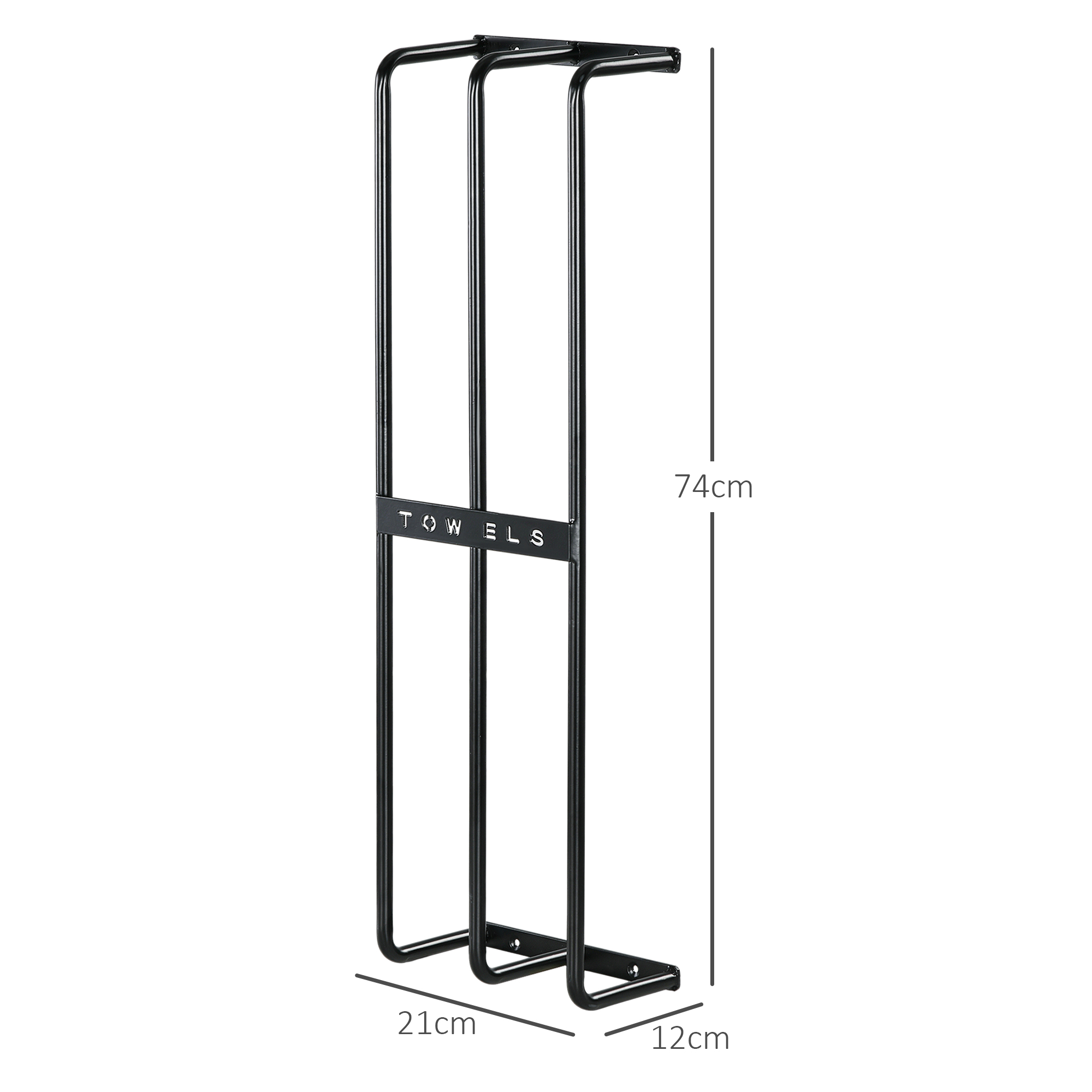 Un toallero de metal negro con dimensiones de 74 cm de alto, 21 cm de ancho y 12 cm de profundidad.