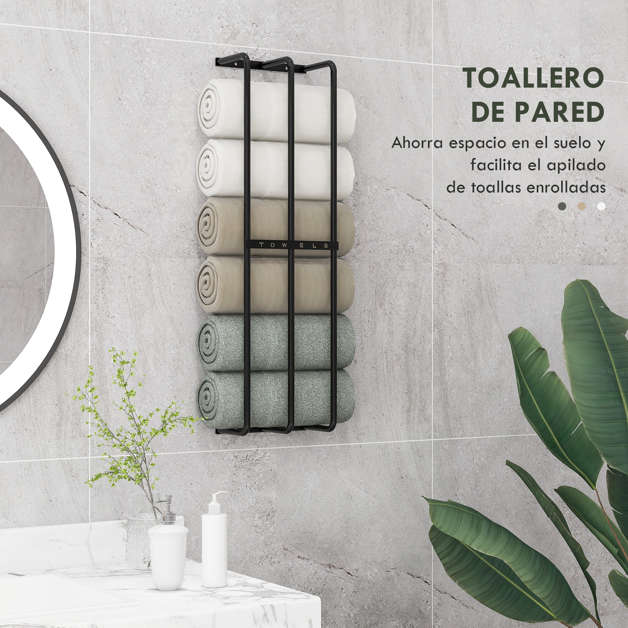 Toallero de pared negro con seis toallas enrolladas en un baño moderno.