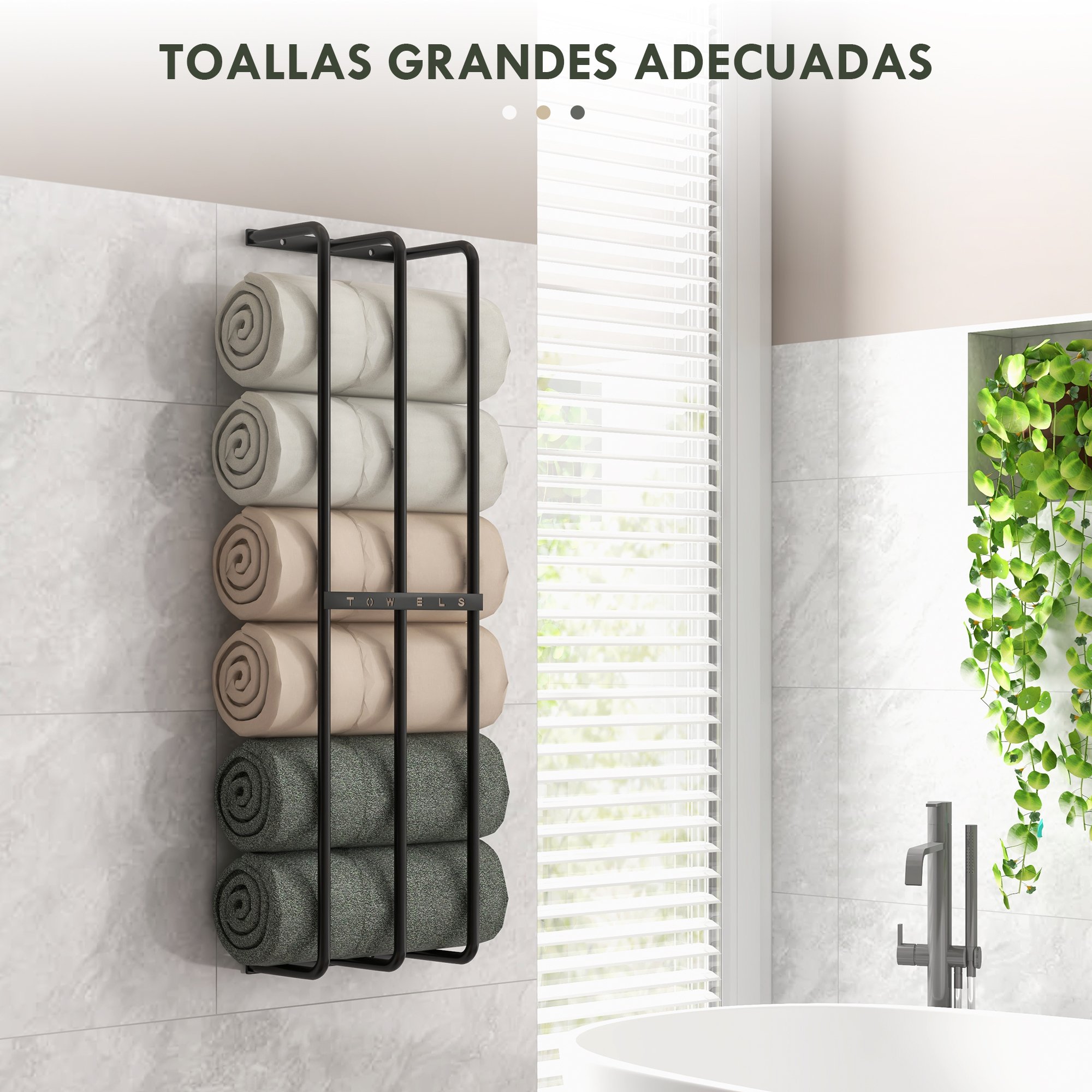 Un toallero de metal negro en una pared alicatada sostiene seis toallas enrolladas en beige, crema y verde.