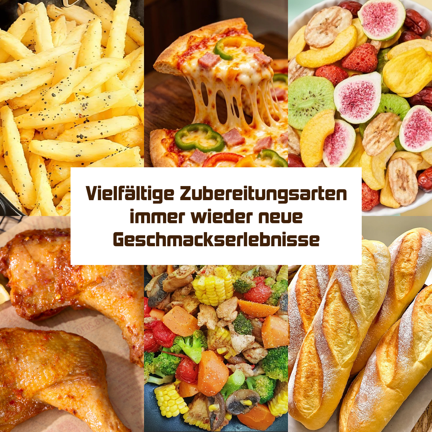 Eine Collage von Essensbildern inklusive Pommes, Pizza, Obst, Hähnchen, Gemüse und Brot mit deutschem Text.