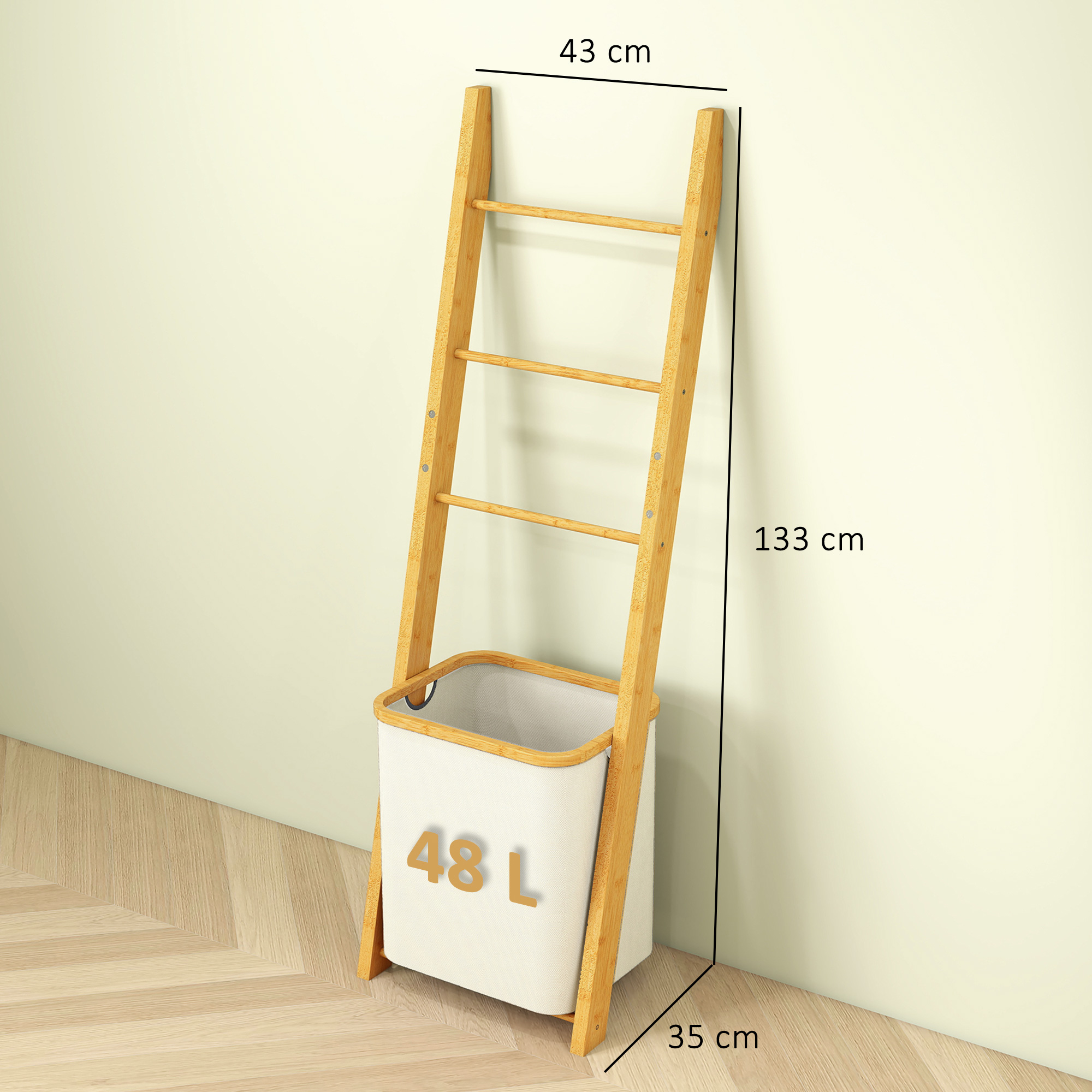Escalera toallero de bambú con cesto blanco de 48L, medidas 43x133x35 cm.
