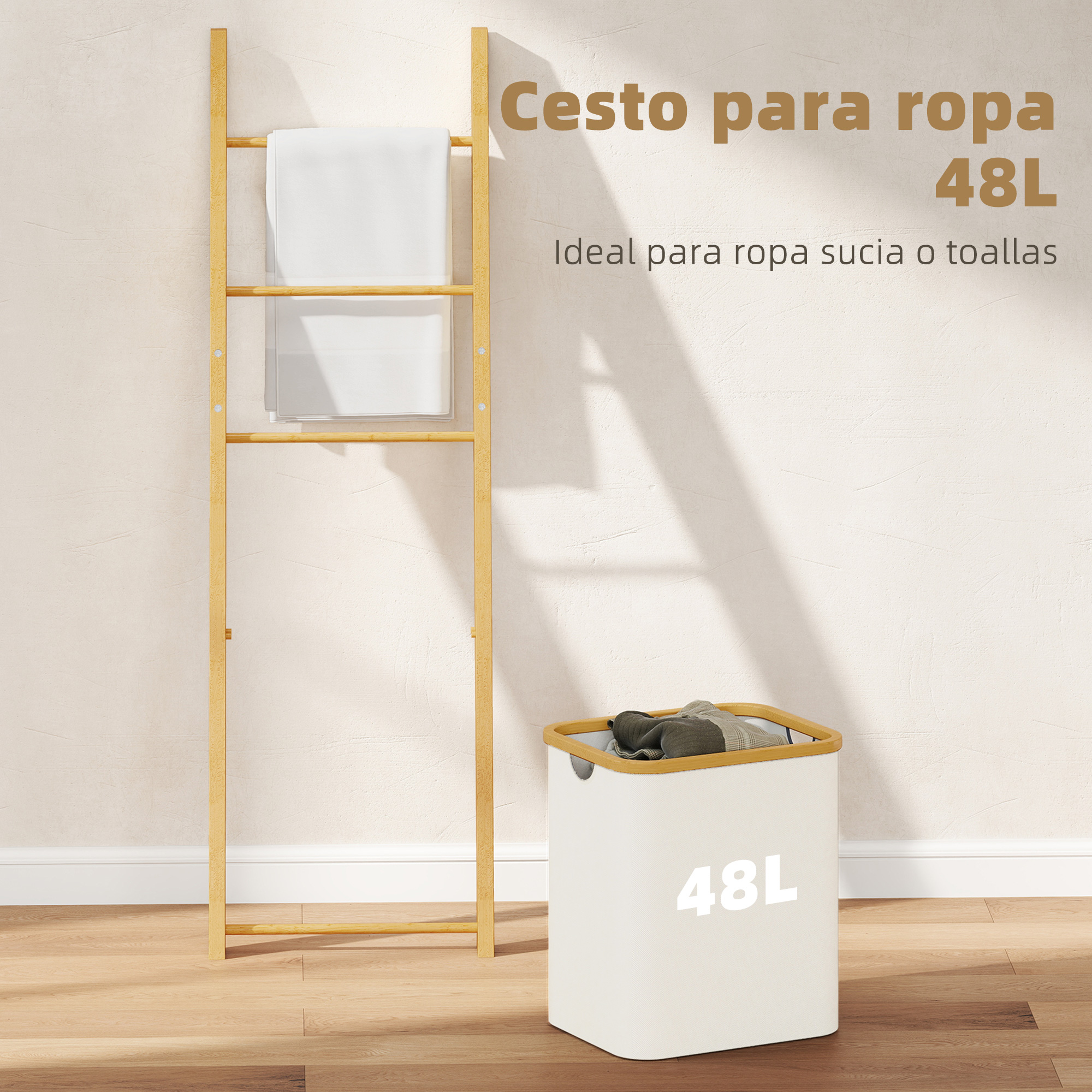 Cesta para ropa de bambú 48L y escalera de toallas en la pared.
