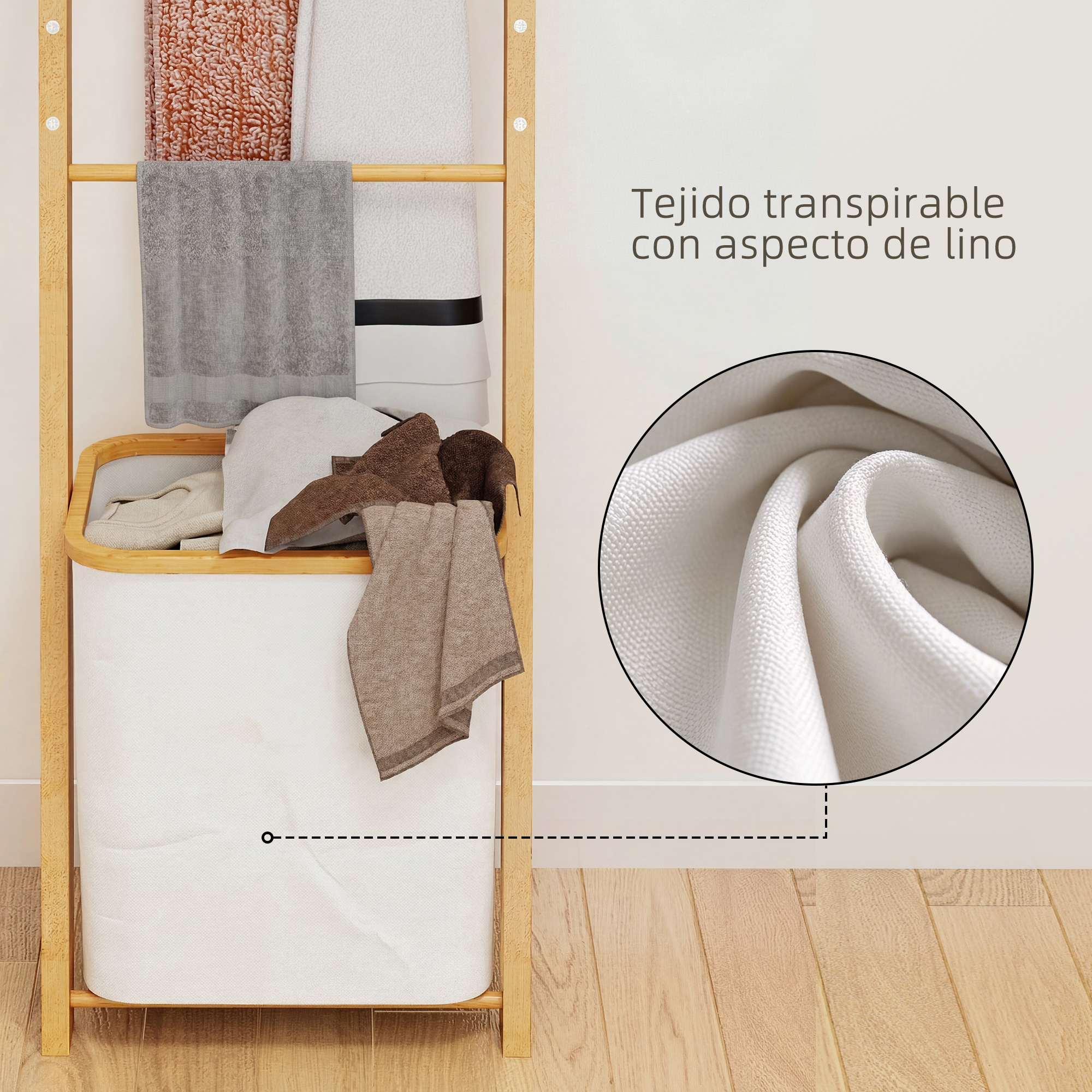 Cesto de bambú con toallas; detalle circular de tela transpirable tipo lino.