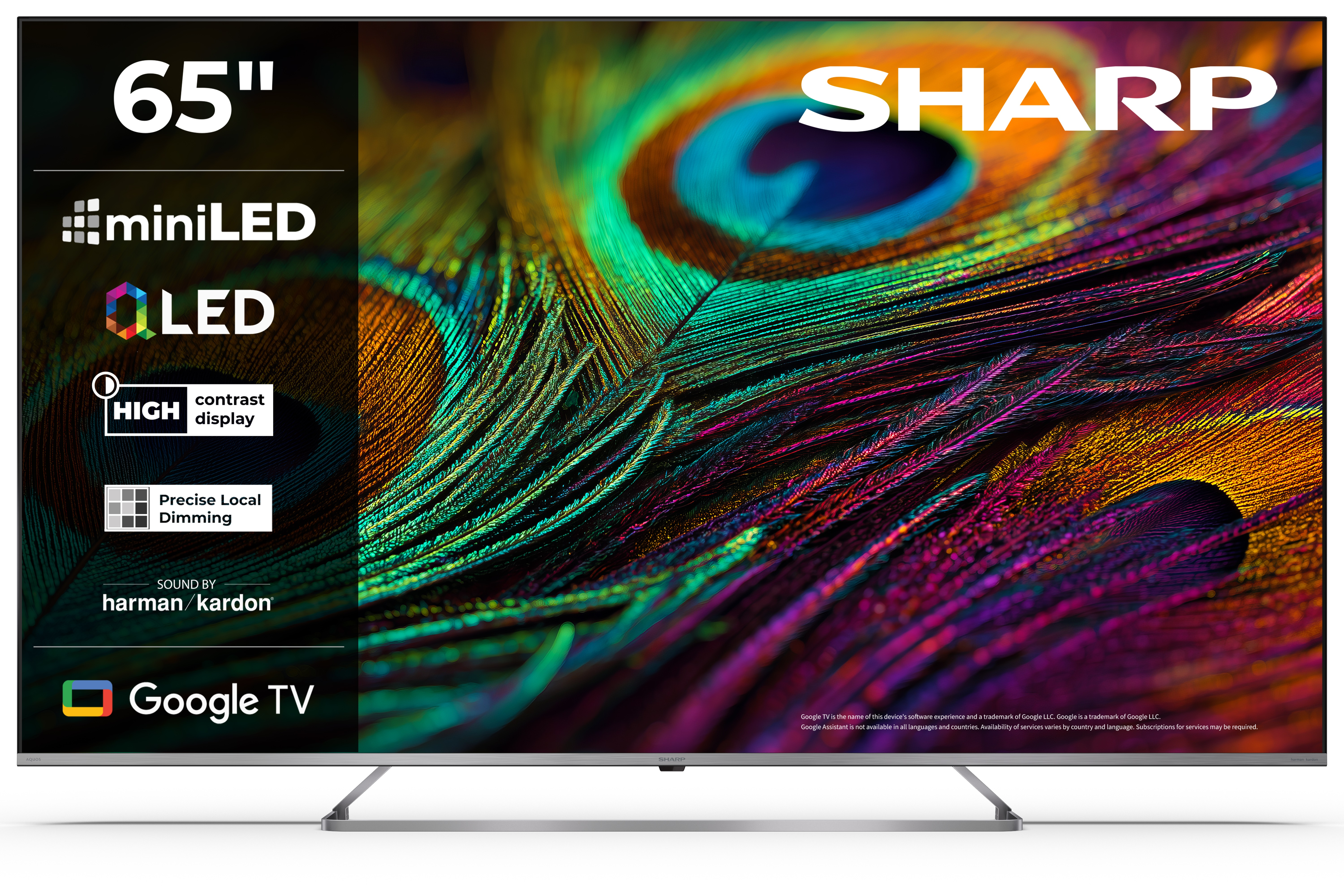 Téléviseur Sharp MiniLED 65 pouces avec Google TV affichant une image de plume de paon.