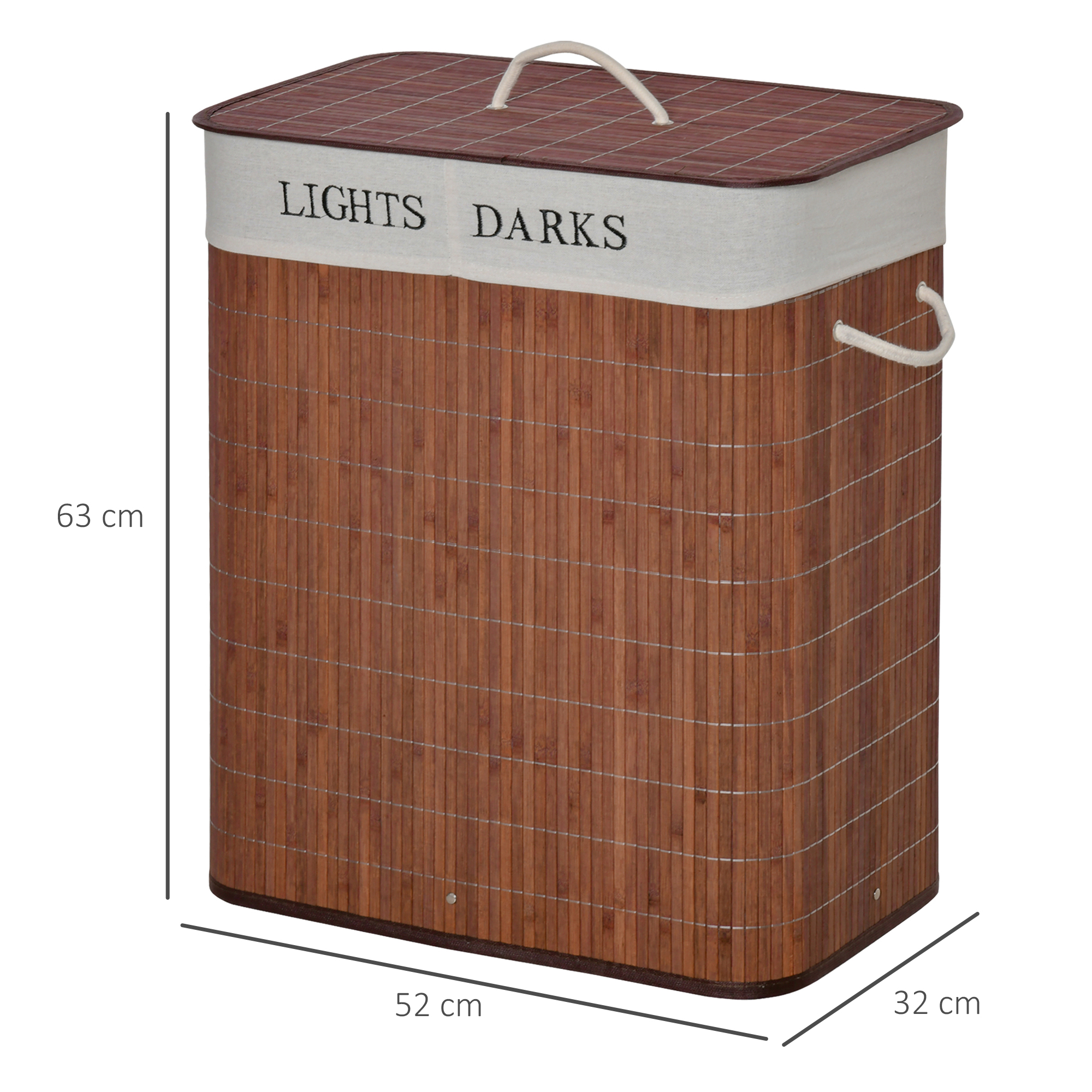 Un cesto de ropa de bambú marrón con compartimentos de tela divididos etiquetados como LIGHTS y DARKS, con dimensiones.