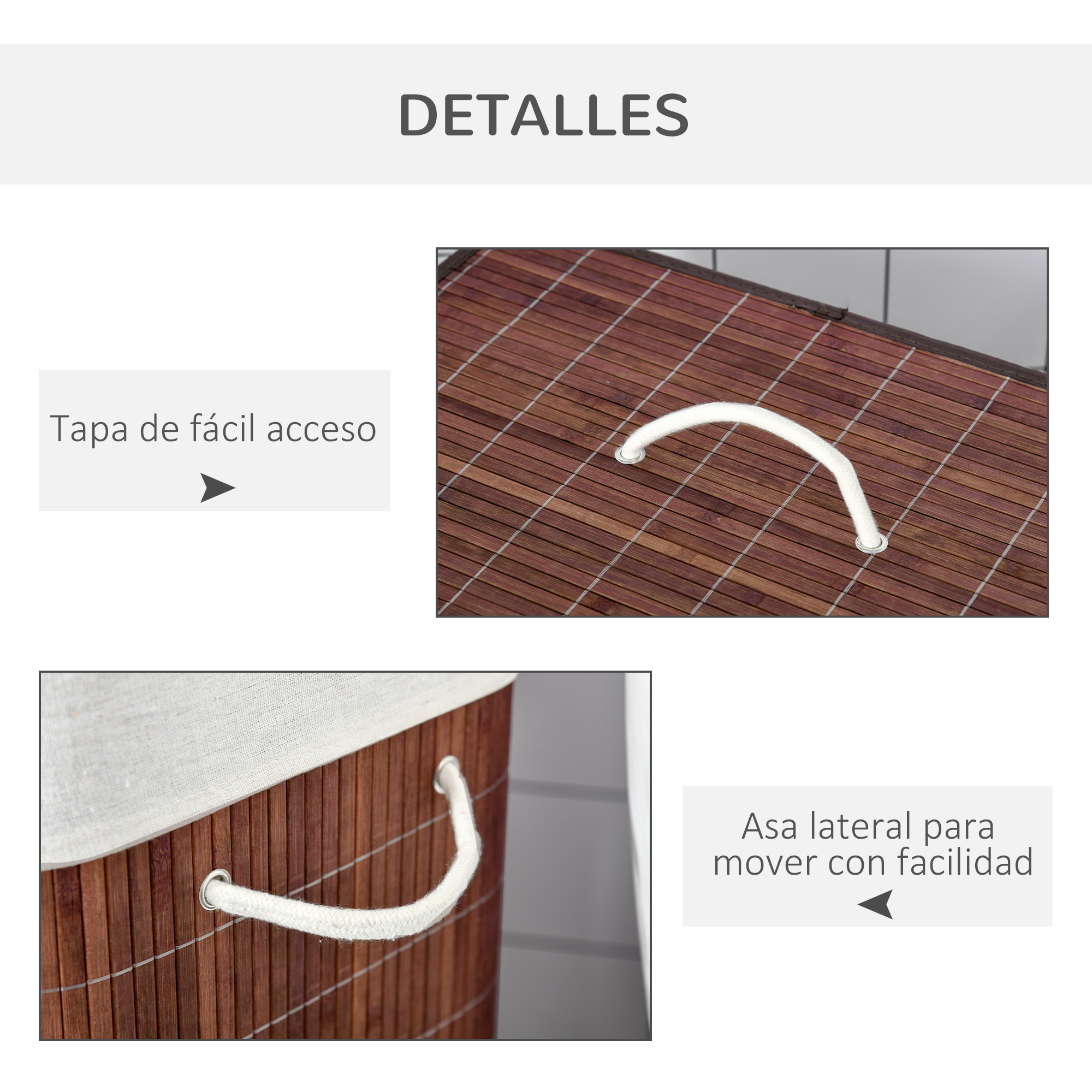 Vista detallada que muestra la tapa de fácil acceso y el asa lateral de cuerda de un cesto de bambú.