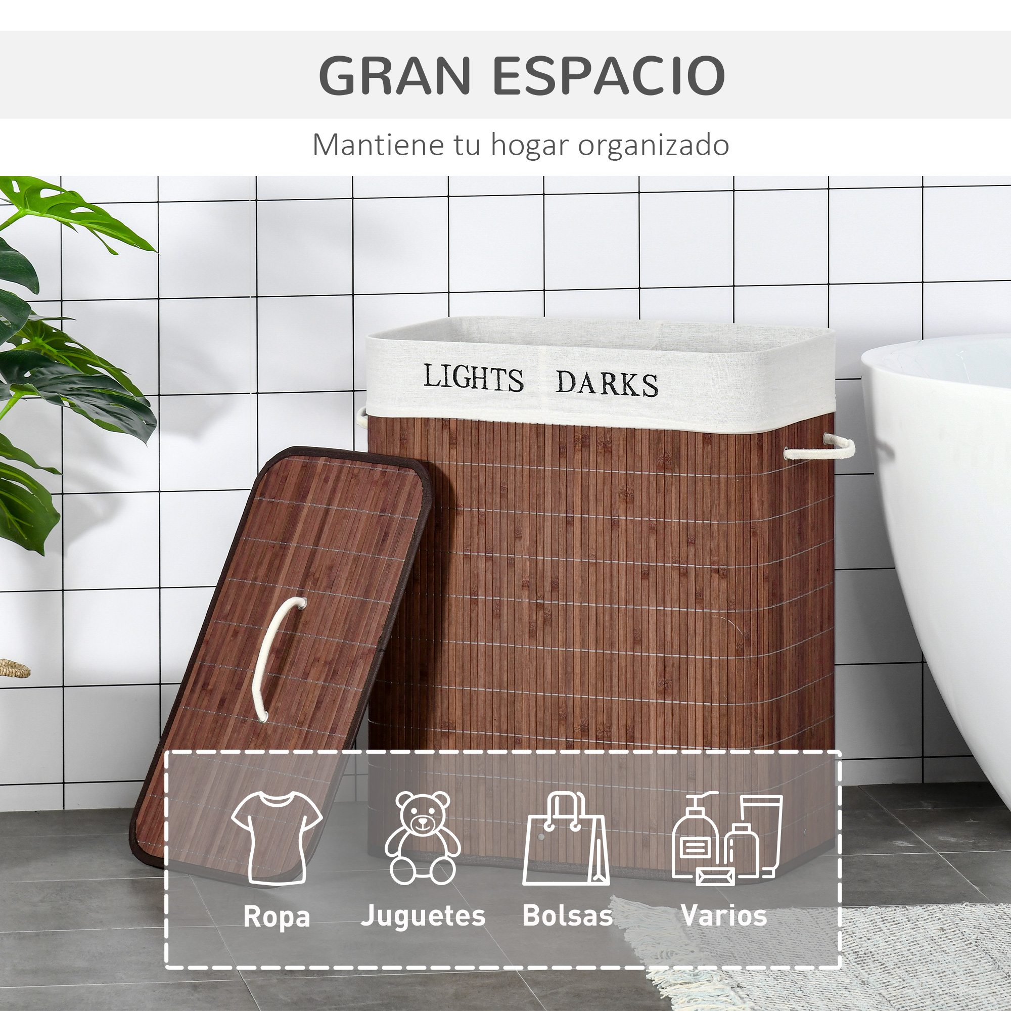 Cesto para la ropa sucia de bambú marrón con tapa y detalles claros en un baño moderno.