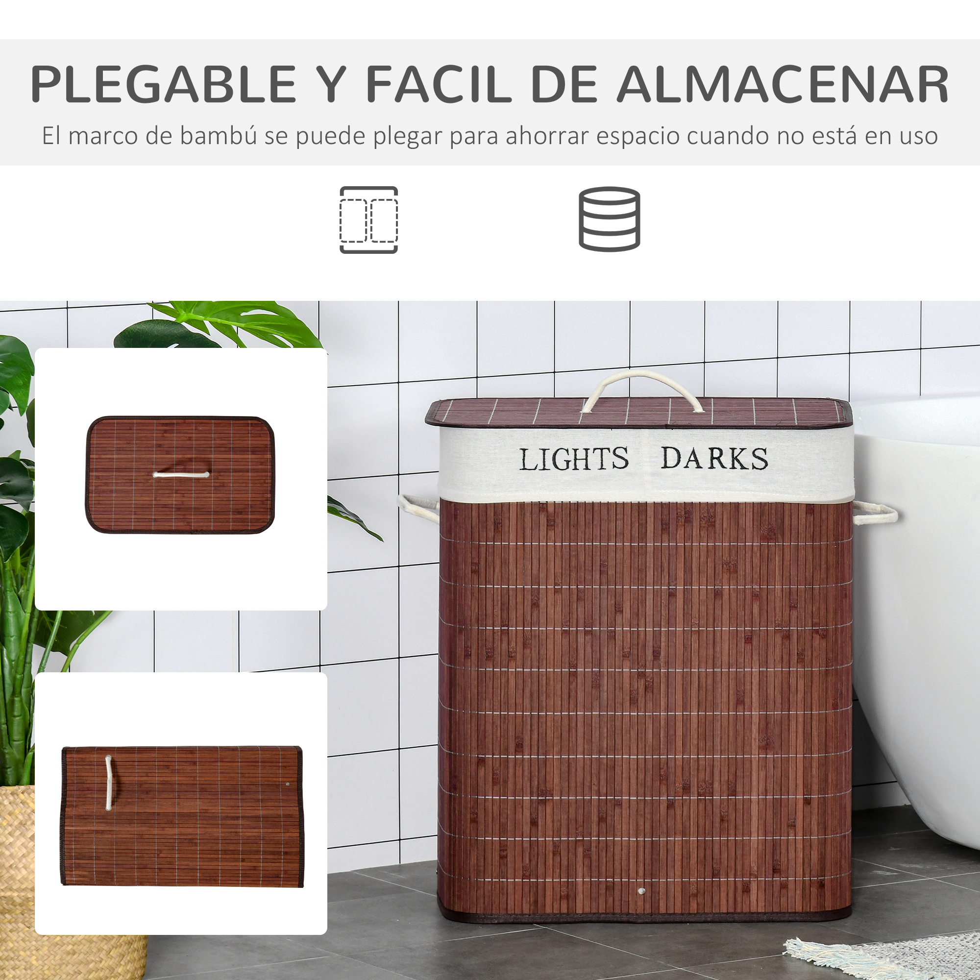Cesto de ropa de bambú plegable con etiquetas de luces y oscuros contra azulejos blancos.