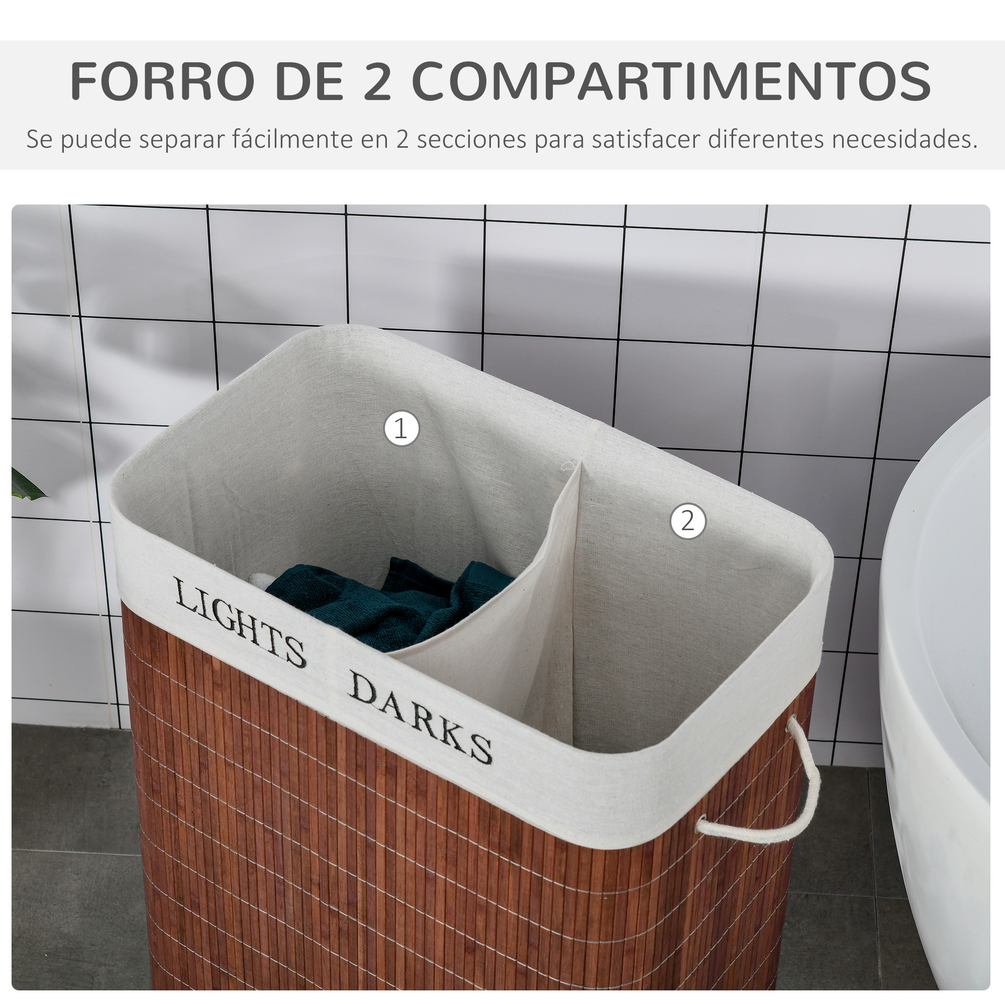 Cesto para la ropa con dos compartimentos y etiquetas "LIGHTS" y "DARKS".