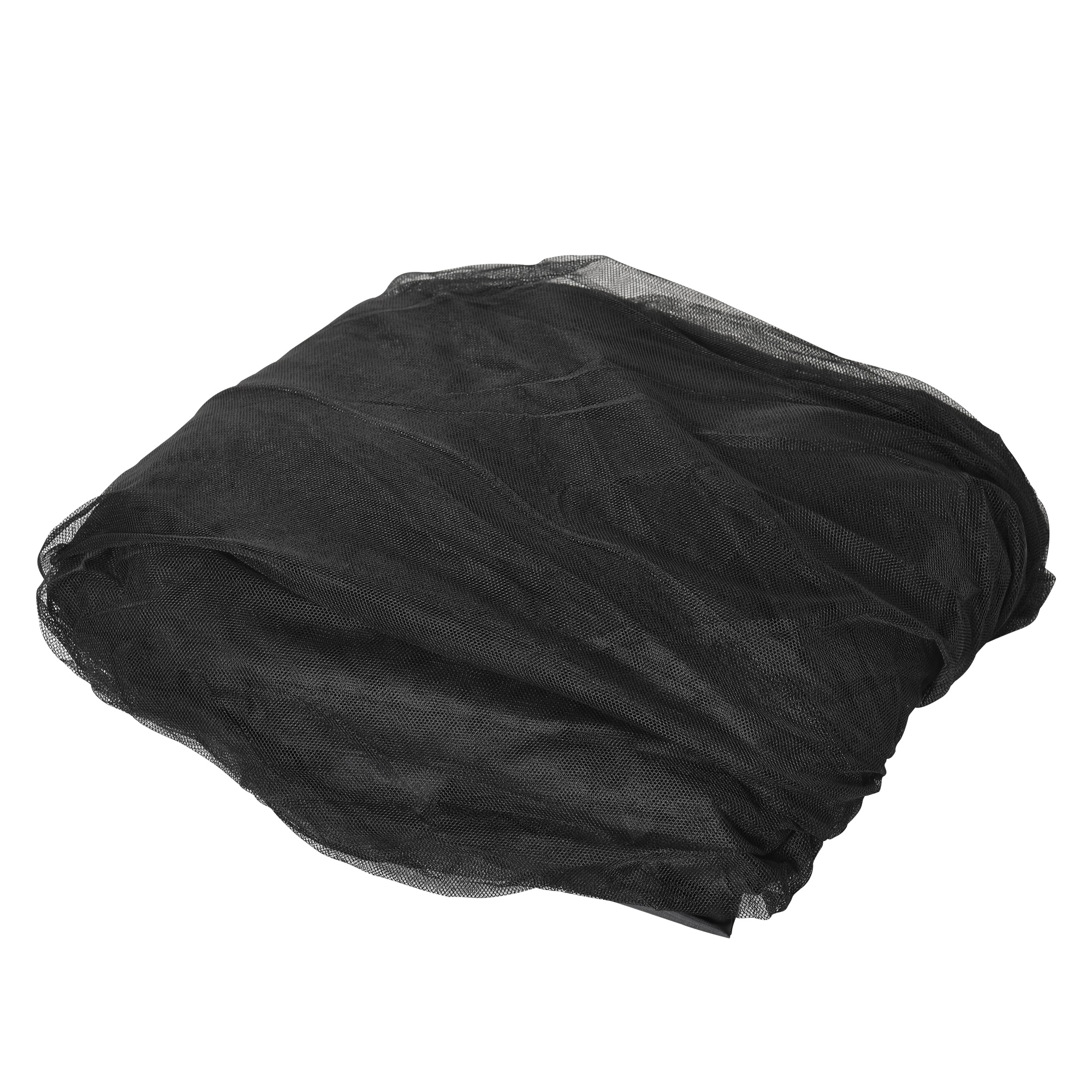 Una red de malla negra doblada sobre un fondo blanco.
