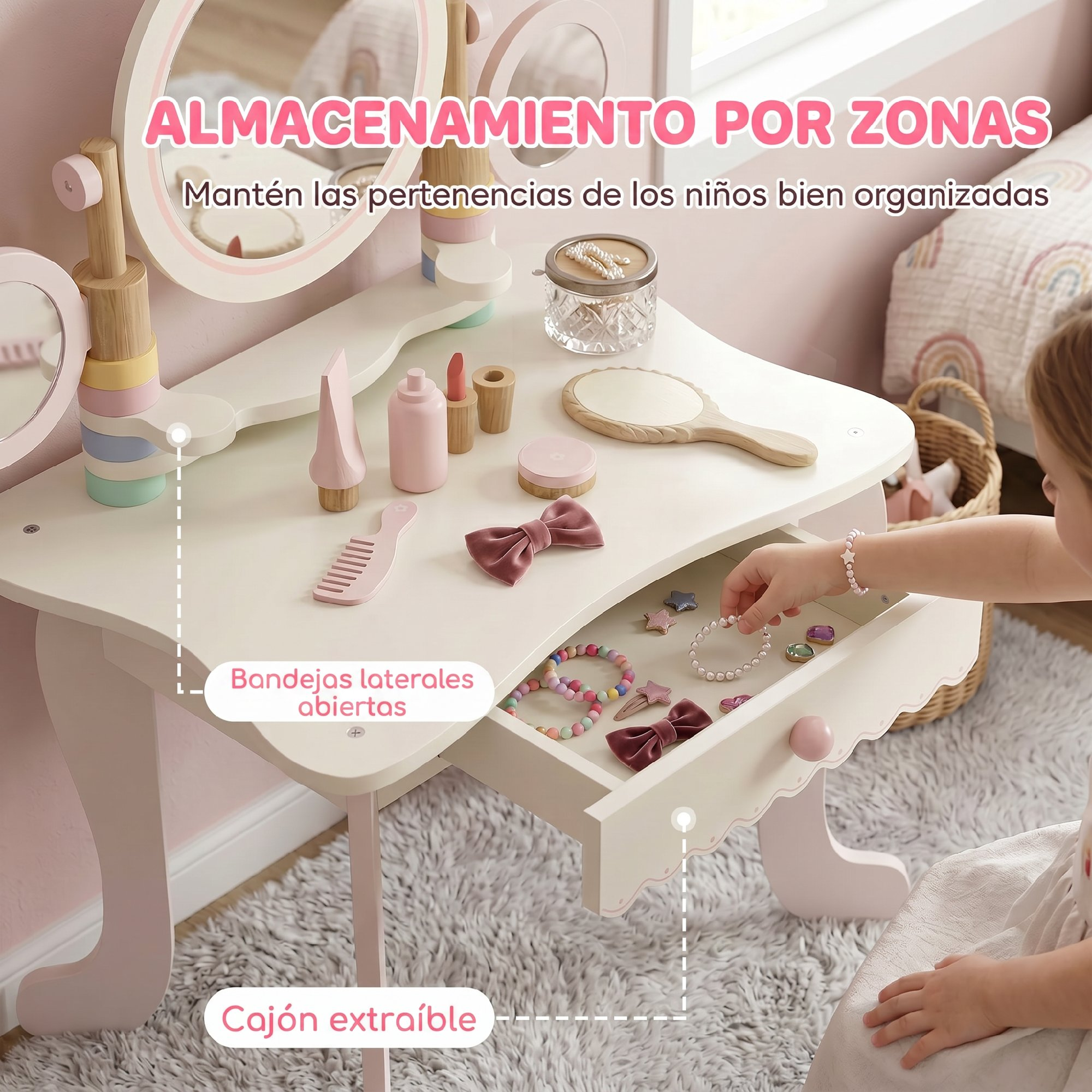 Un niño abre el cajón de un tocador infantil de madera con maquillaje de juguete y accesorios.