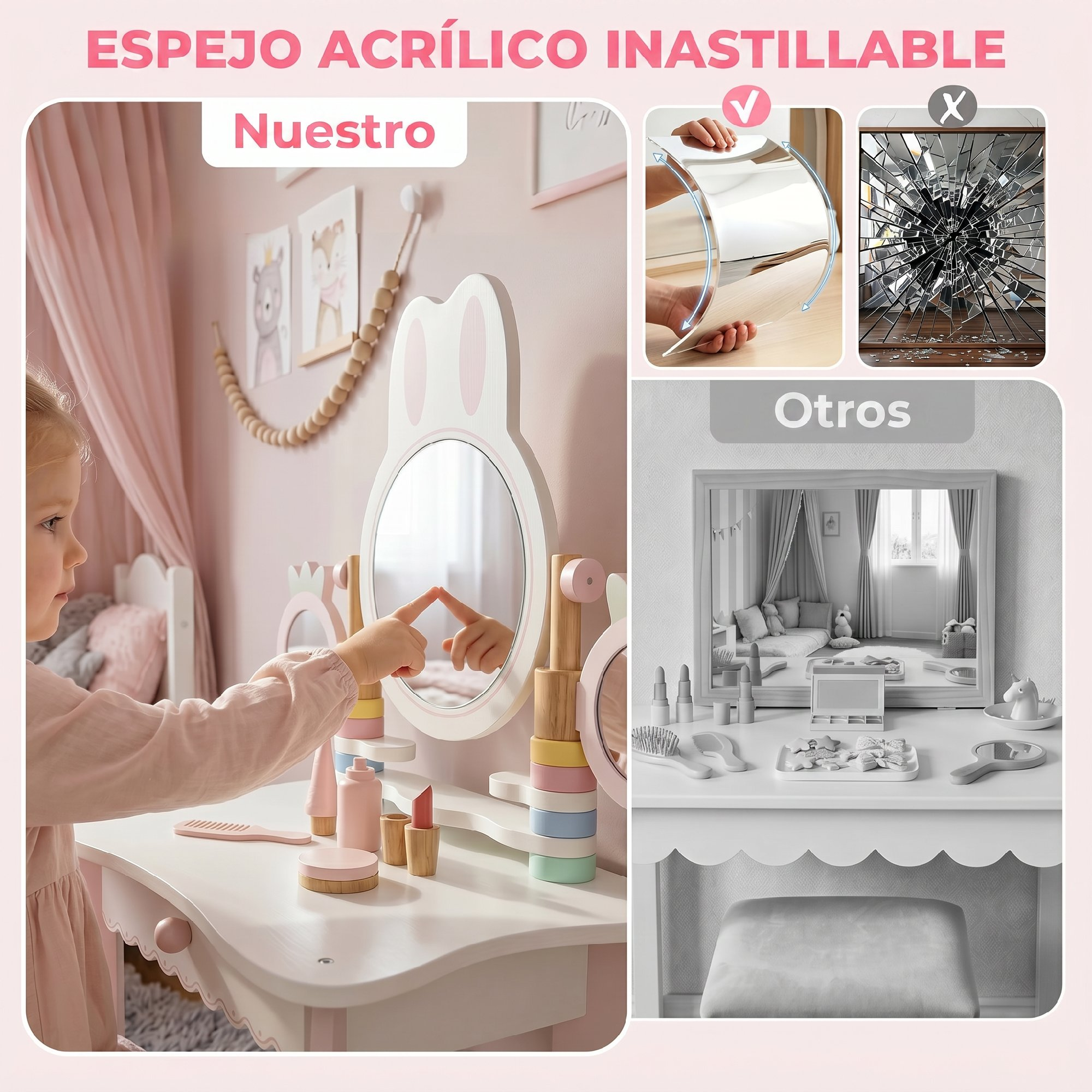 Una niña jugando con un tocador de madera rosa y blanco con un espejo acrílico seguro.