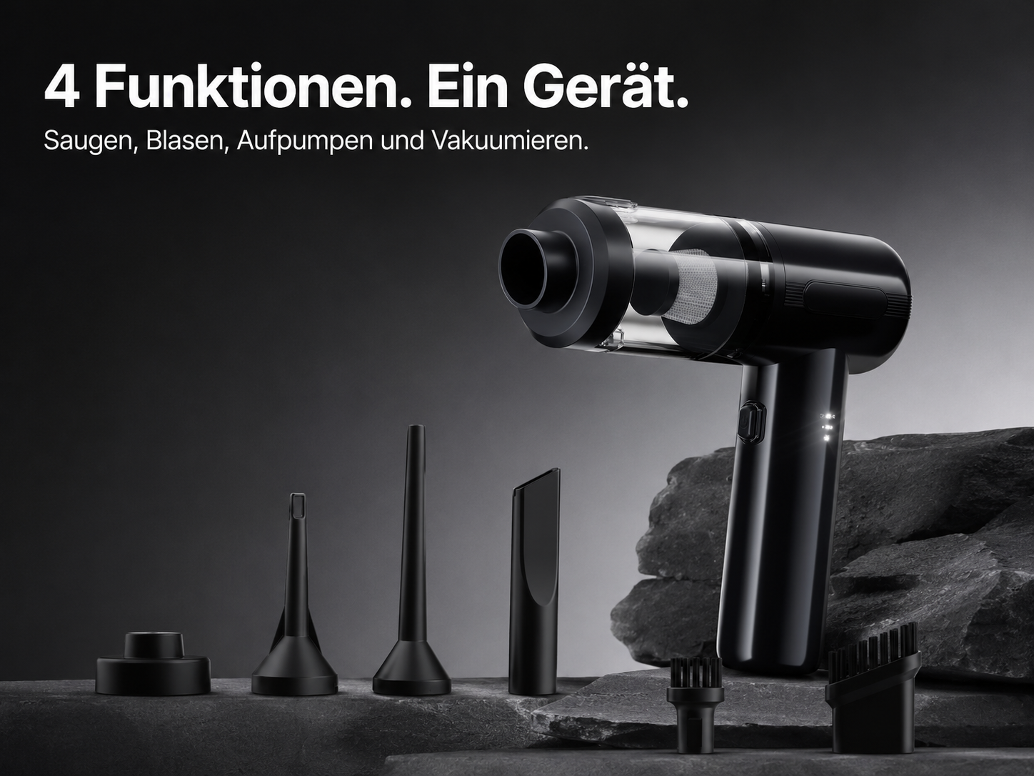 Ein schwarzer Handstaubsauger mit verschiedenen Aufsätzen auf einer steinernen Oberfläche vor dunklem Hintergrund.