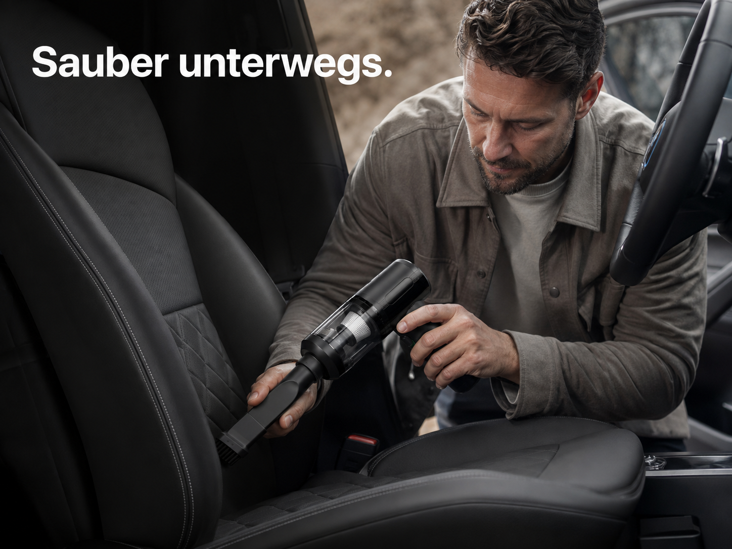 Ein Mann saugt den schwarzen Ledersitz eines Autos mit einem Handstaubsauger. Text: Sauber unterwegs.