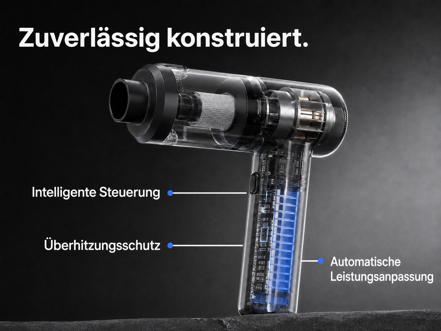 Transparenter Ak Staubsauger mit sichtbarem Motor und Akkutechnologie.