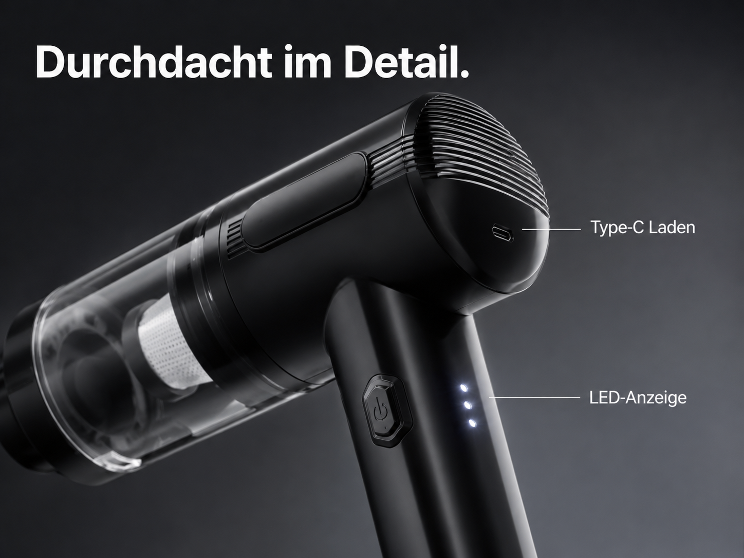 Schwarzer Handstaubsauger mit Typ-C-Anschluss, LED-Anzeige und Ein-Knopf-Bedienung auf grauem Hintergrund.